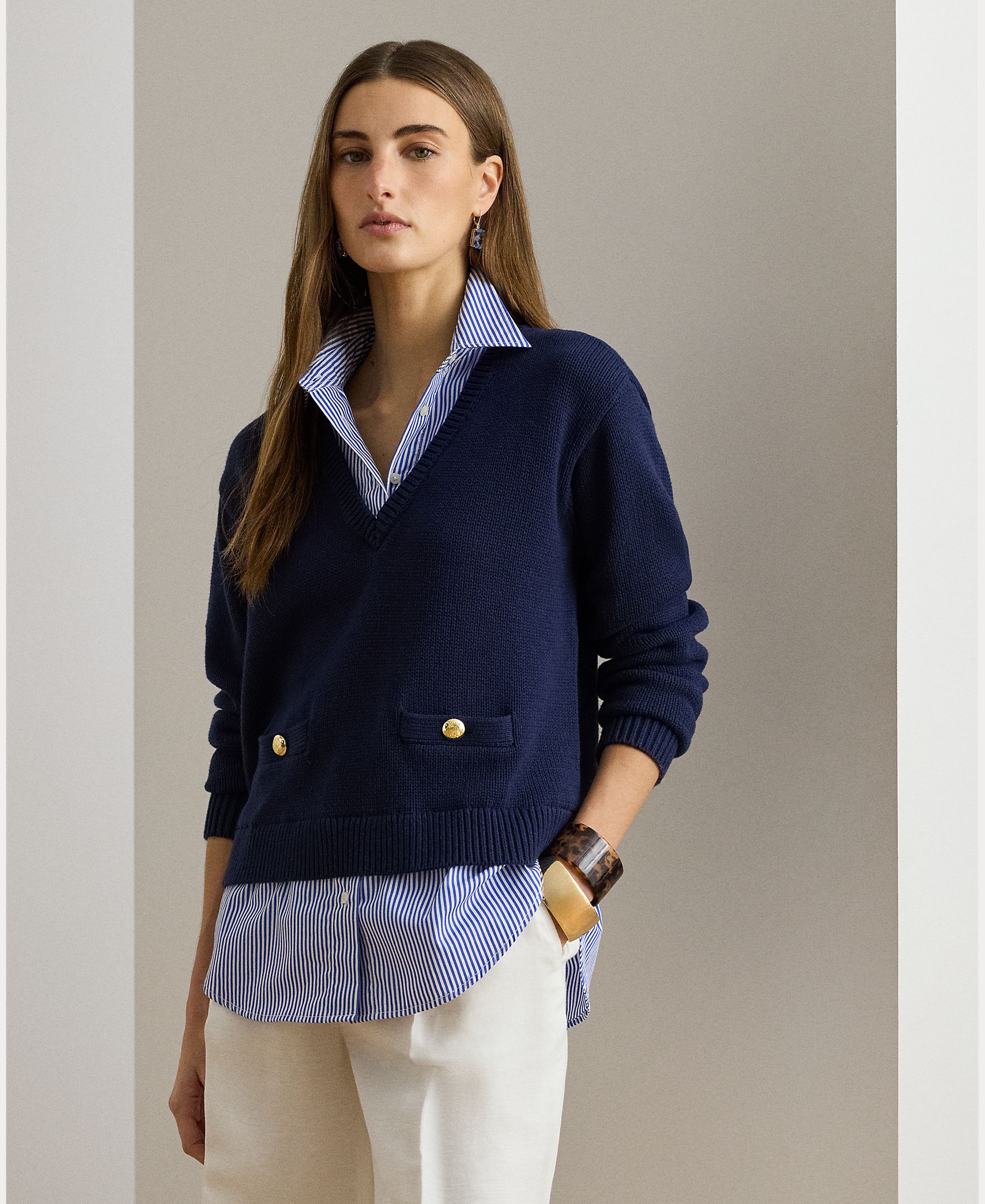 Lauren Ralph Lauren - Jersey de mujer de algodón con cuello de pico.