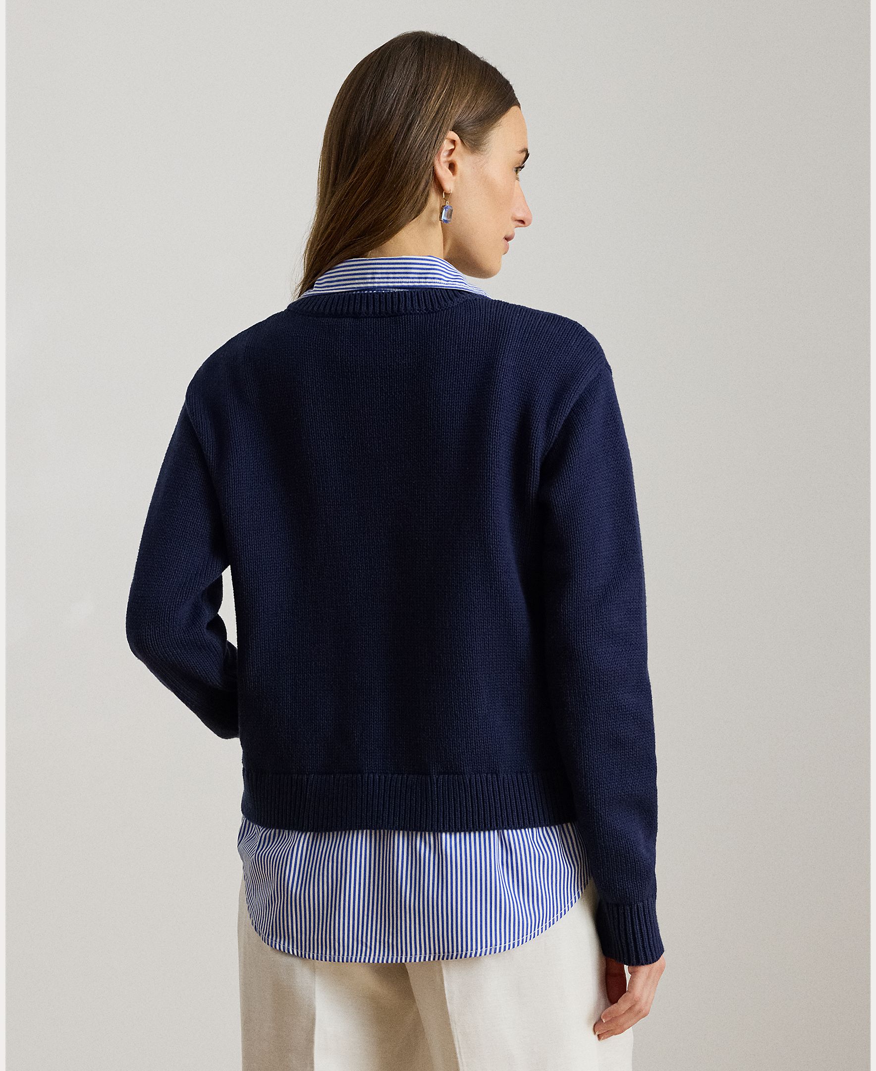 Camisola de Malha de Algodão com Decote em Bico Azul-marinho-2
