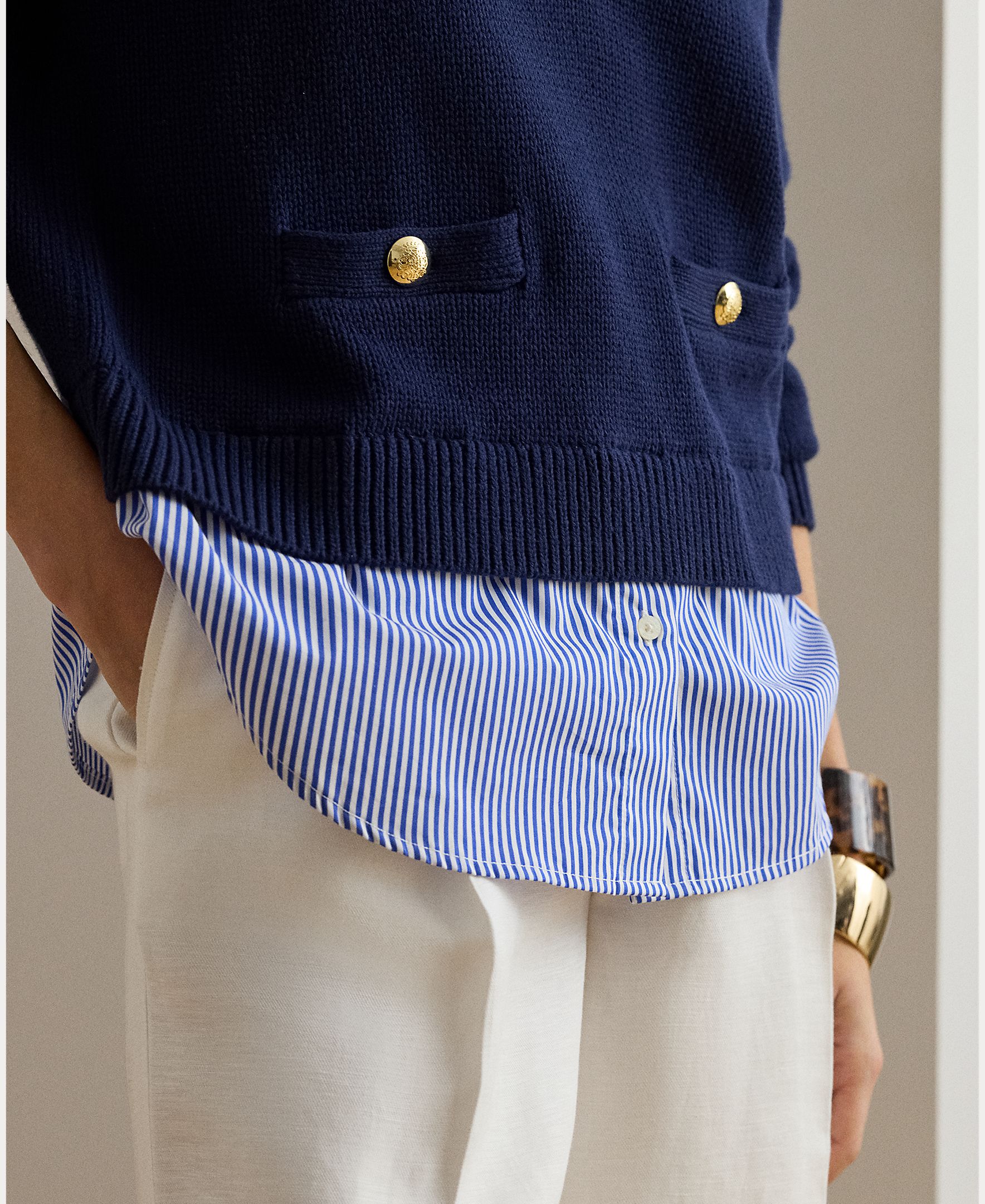 Camisola de Malha de Algodão com Decote em Bico Azul-marinho-3