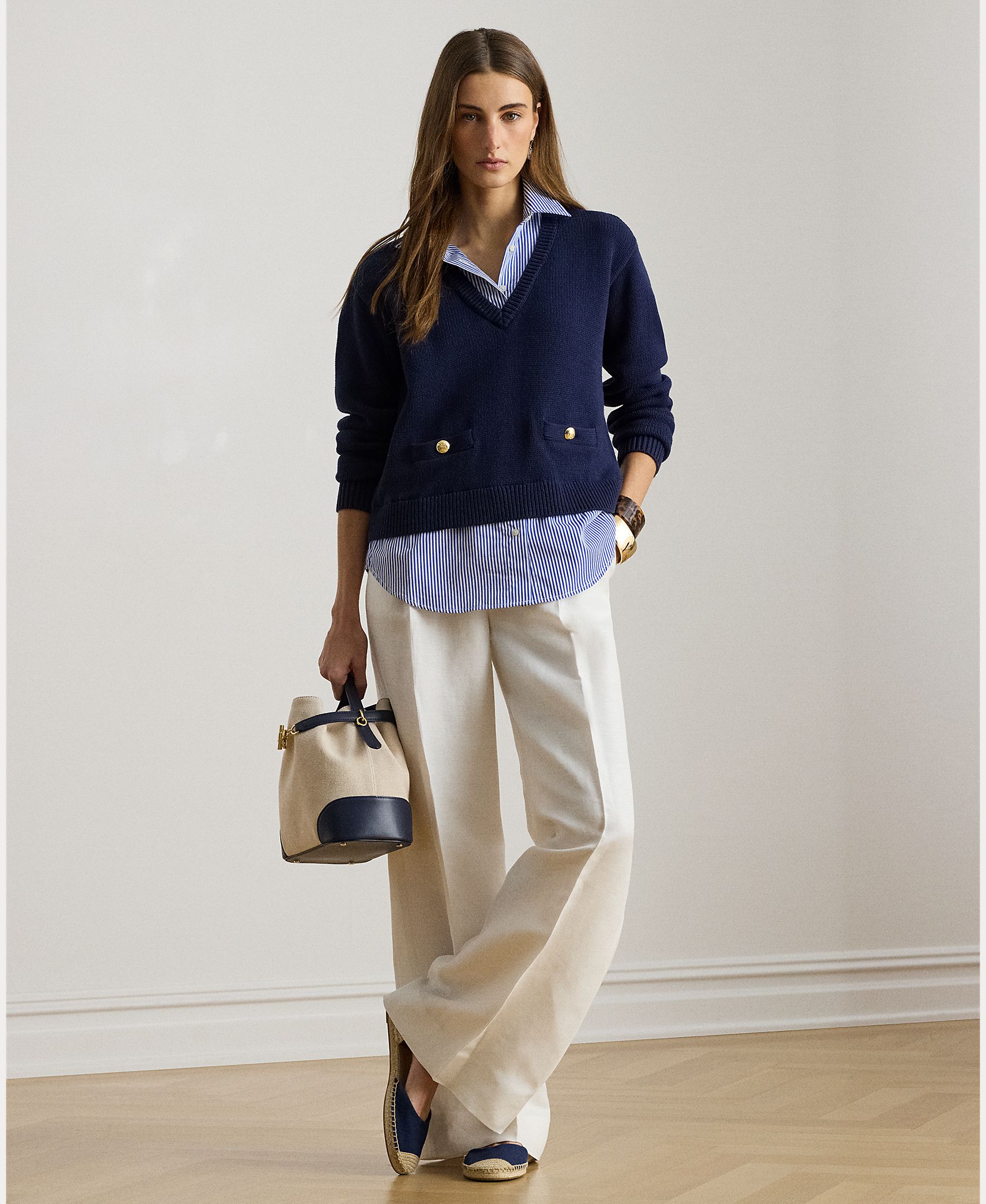 Camisola de Malha de Algodão com Decote em Bico Azul-marinho-5