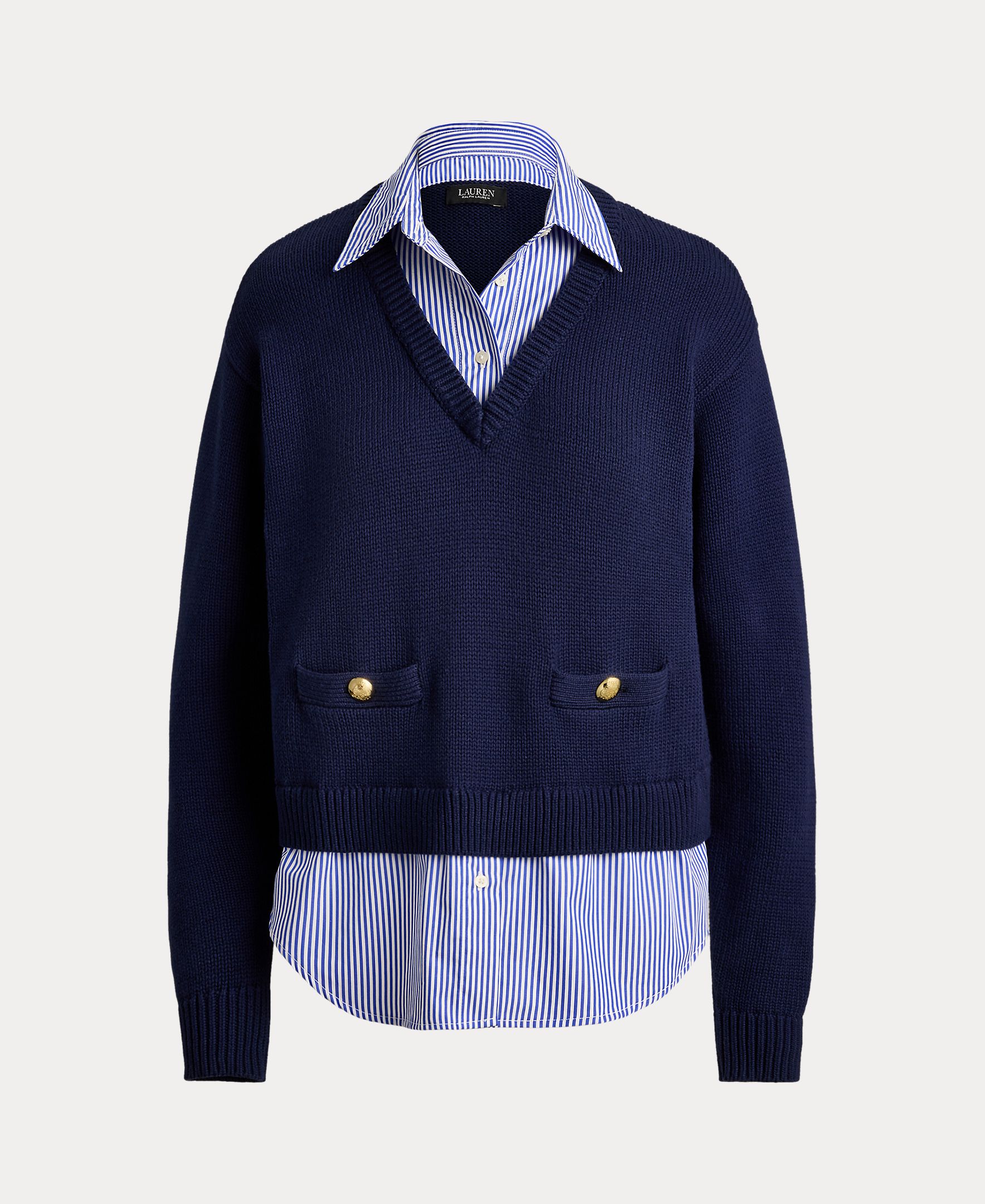 Camisola de Malha de Algodão com Decote em Bico Azul-marinho-4