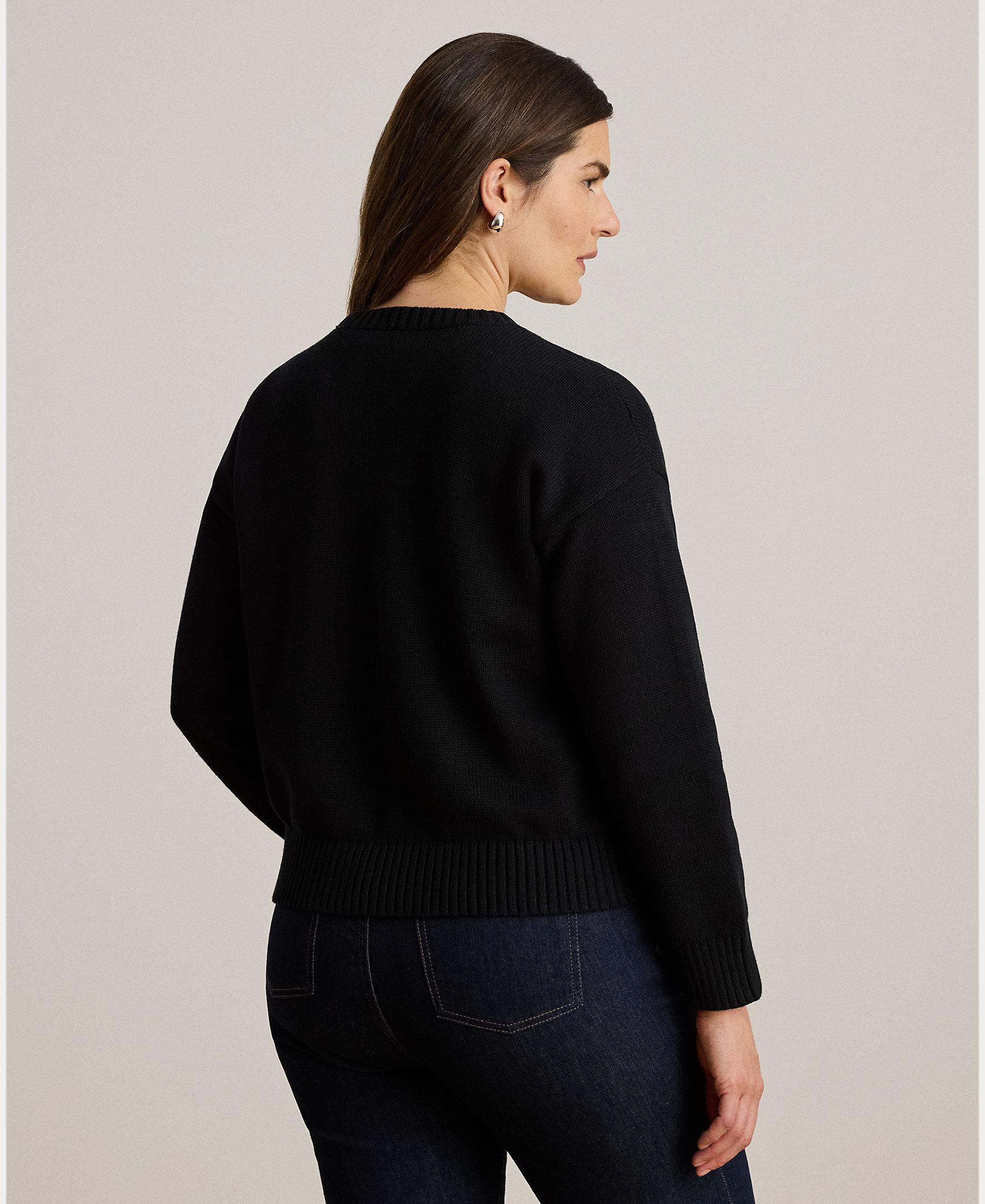 Camisola de Malha de Algodão com Decote Redondo Preto-6