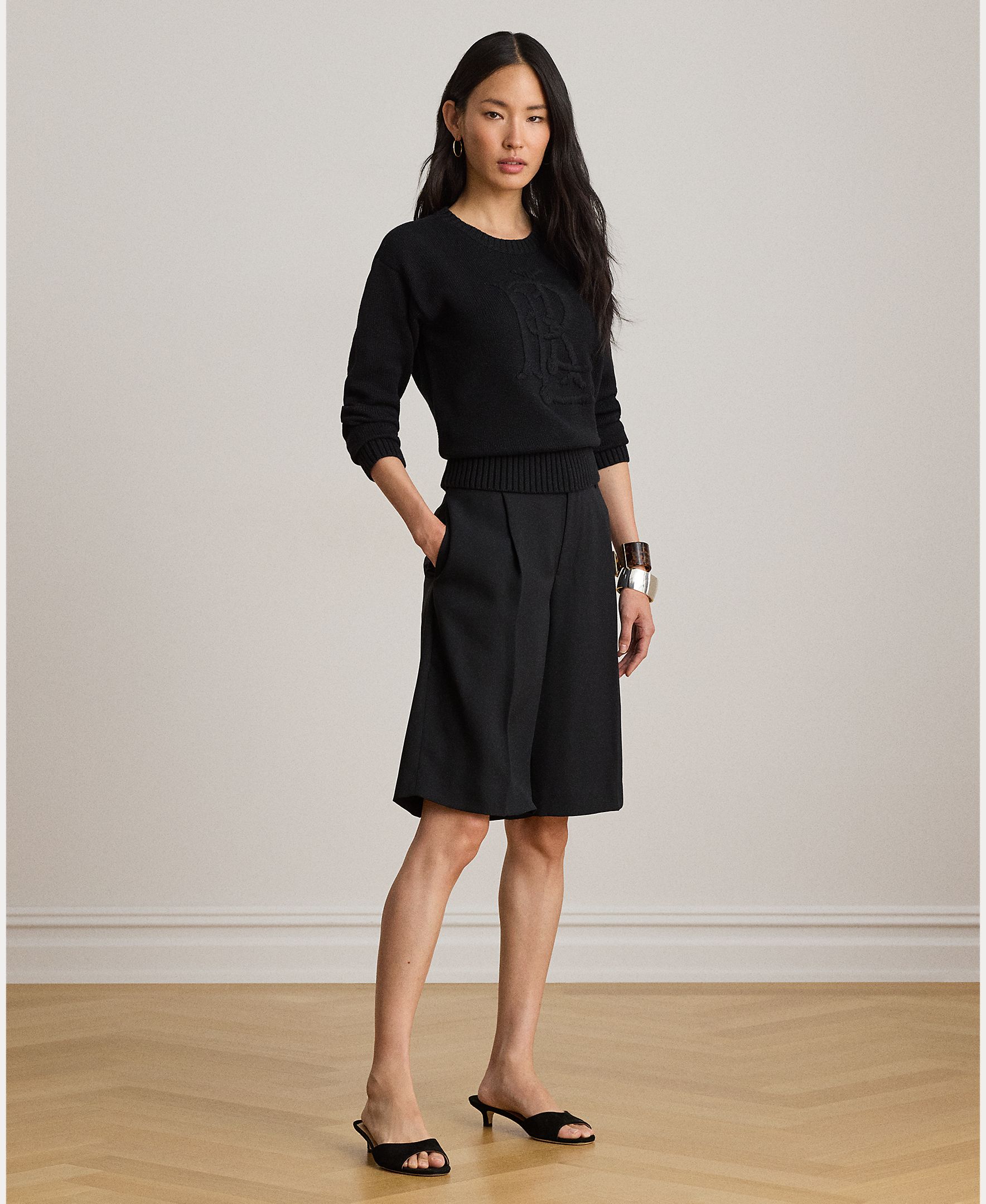 Camisola de Malha de Algodão com Decote Redondo Preto-9