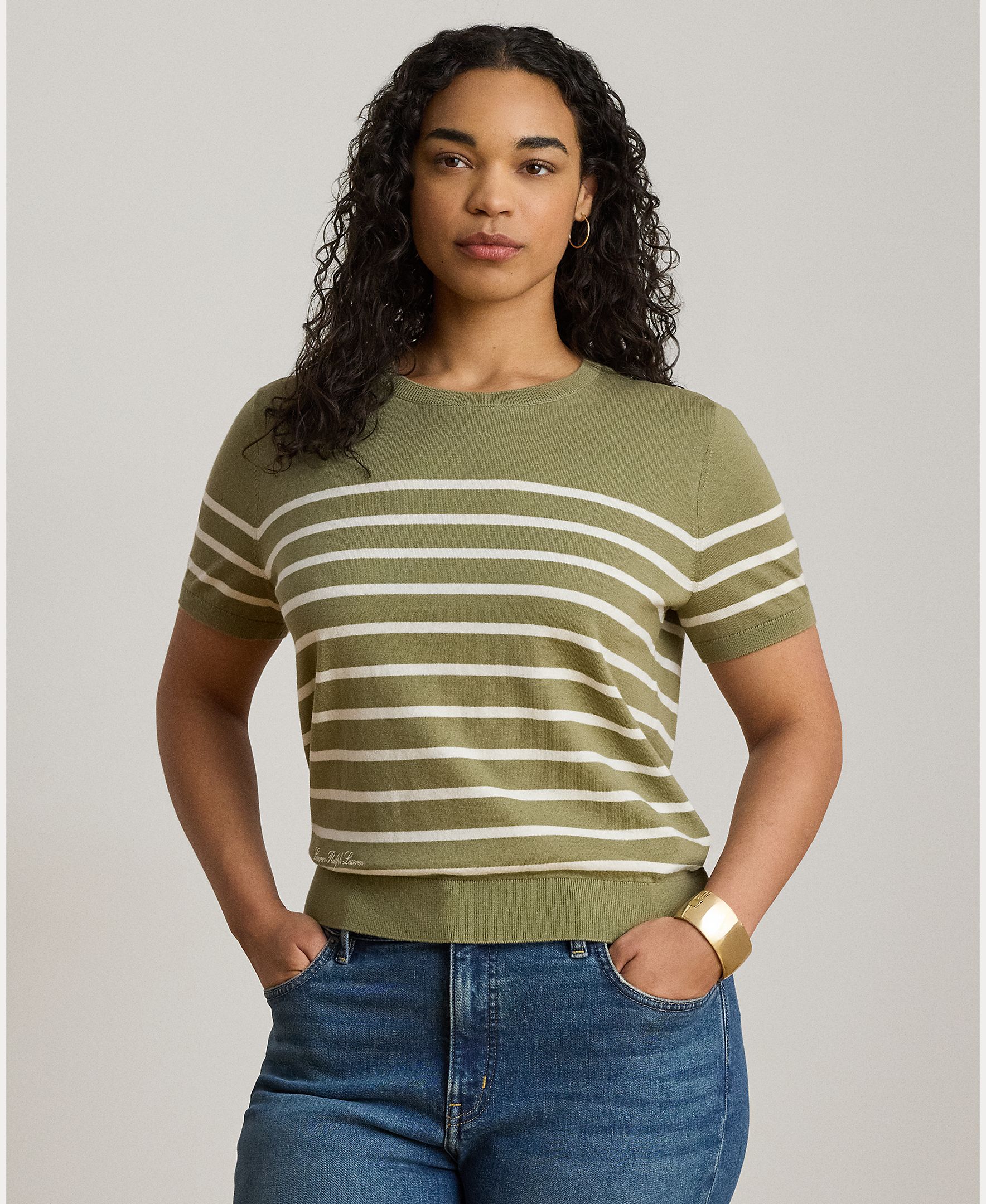 Camisola de Malha às Riscas e com Manga Curta Caqui-6