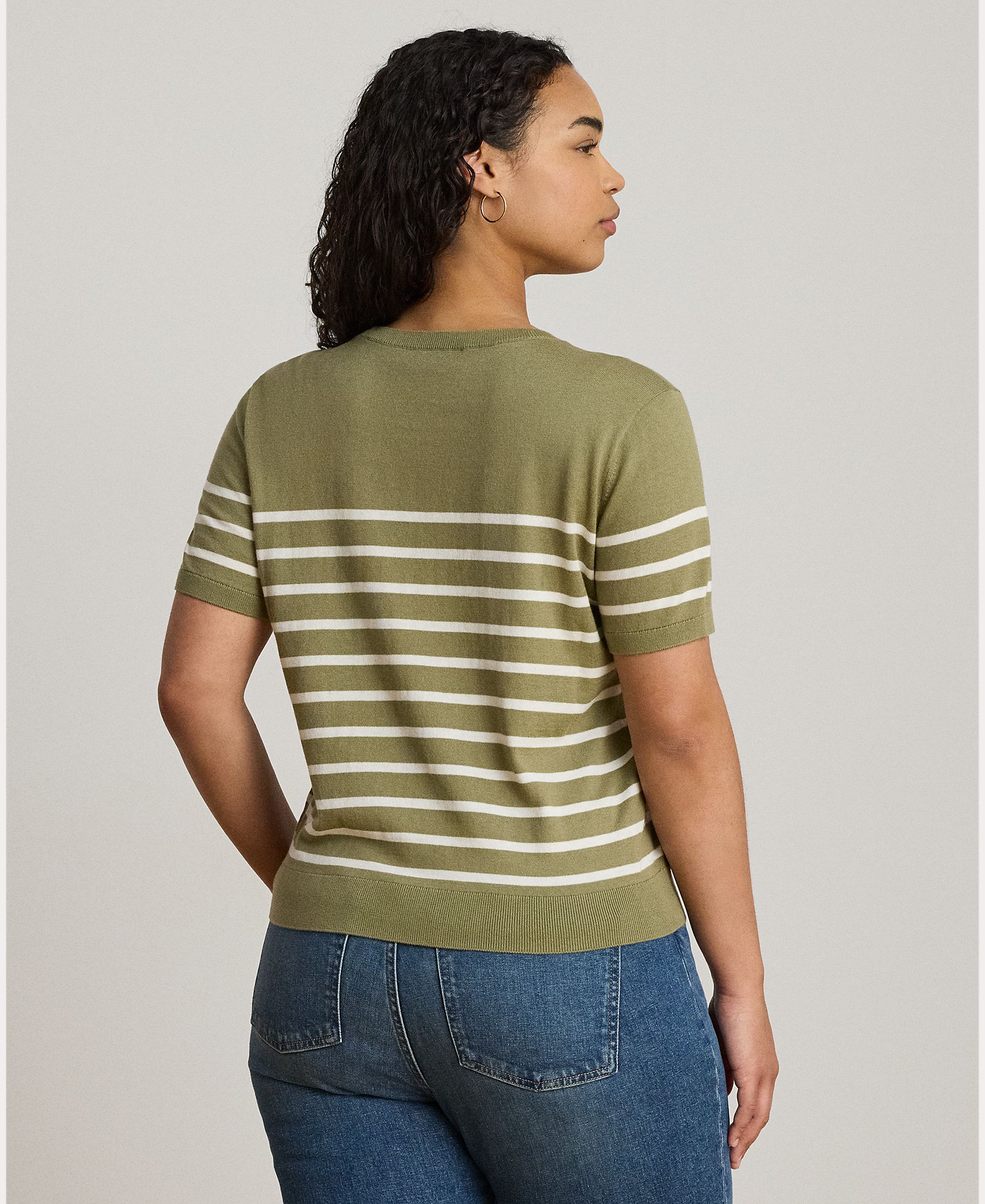 Camisola de Malha às Riscas e com Manga Curta Caqui-7