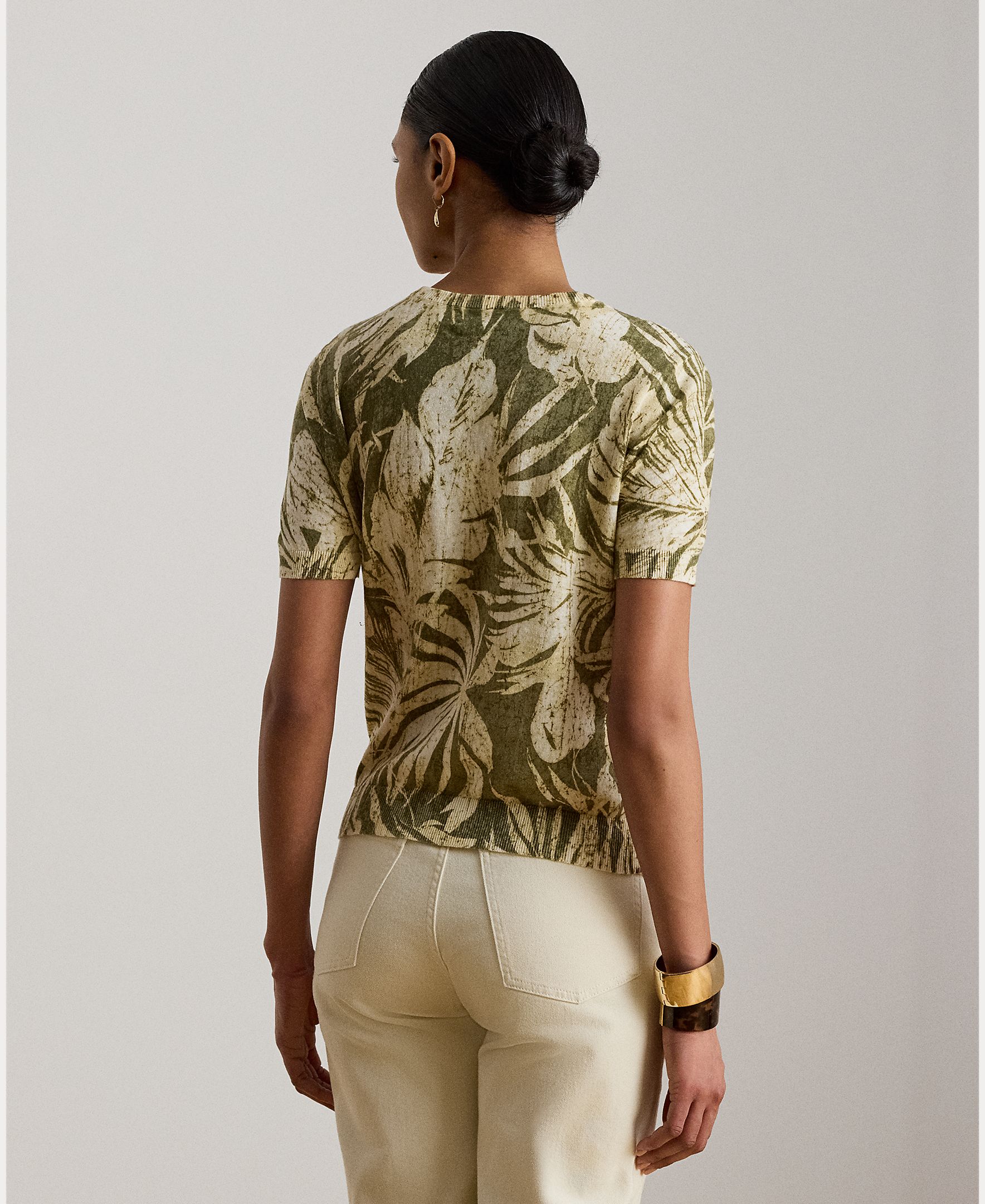 Camisola de Malha Floral em Mistura de Linho e Algodão Verde-claro-3