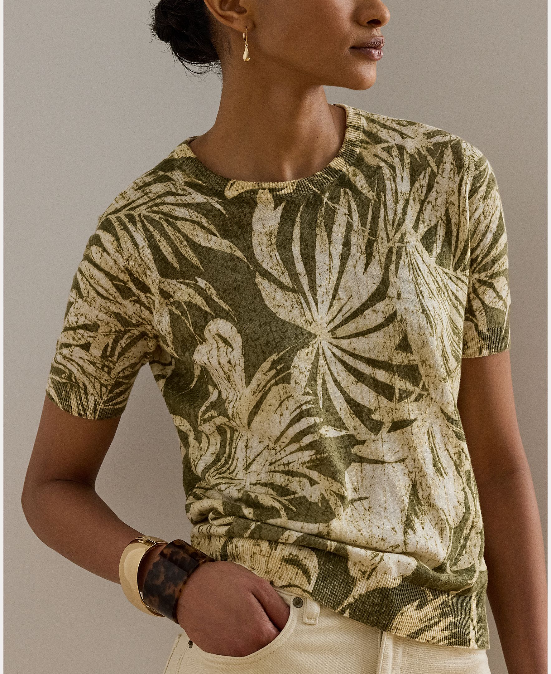 Camisola de Malha Floral em Mistura de Linho e Algodão Verde-claro-4
