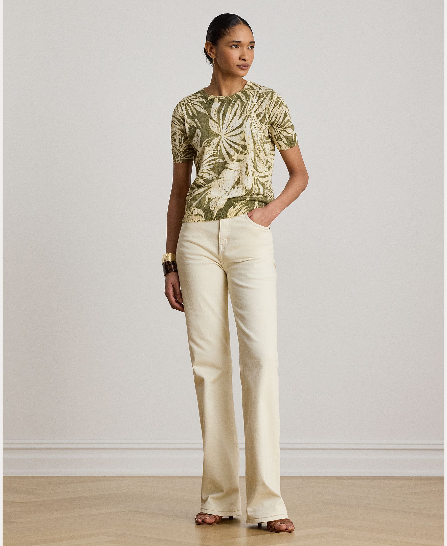 Camisola de Malha Floral em Mistura de Linho e Algodão Verde-claro-5