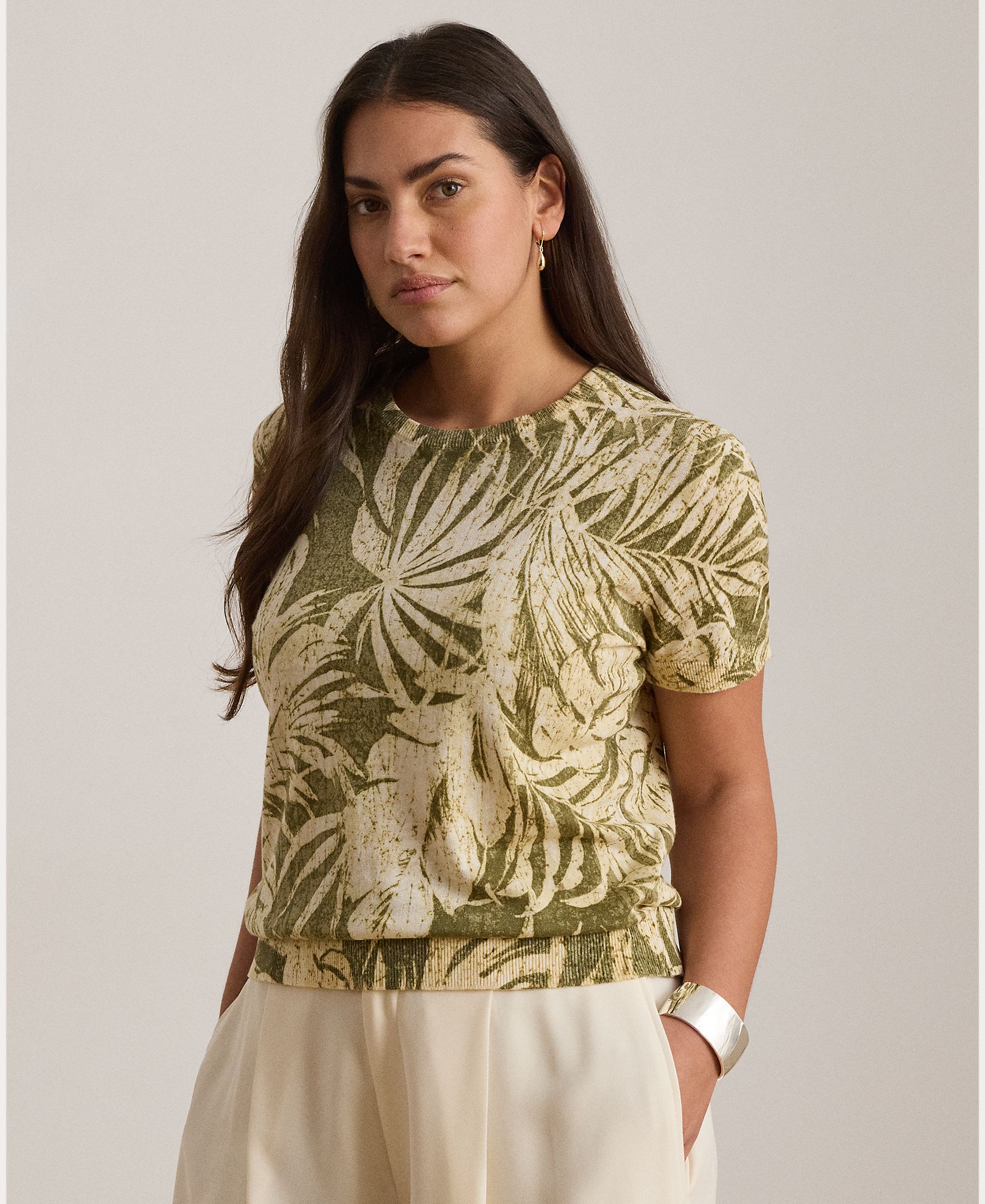 Camisola de Malha Floral em Mistura de Linho e Algodão Verde-claro-6