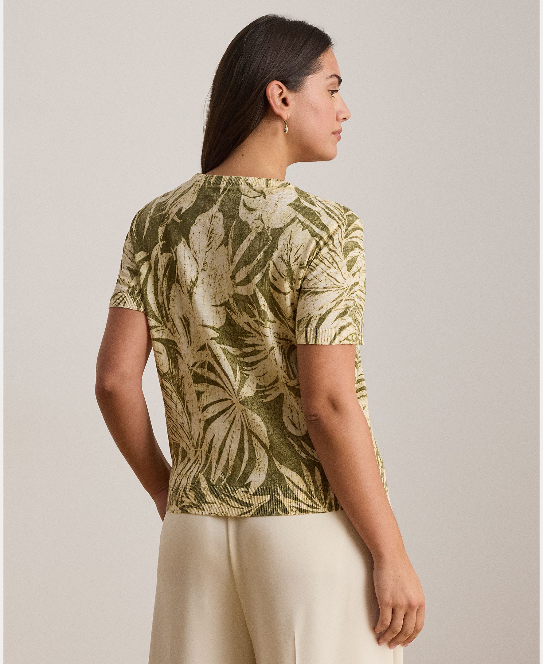Camisola de Malha Floral em Mistura de Linho e Algodão Verde-claro-7