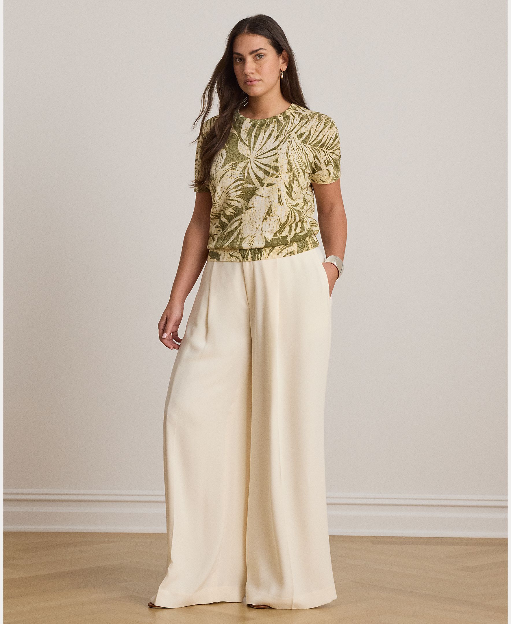 Camisola de Malha Floral em Mistura de Linho e Algodão Verde-claro-8