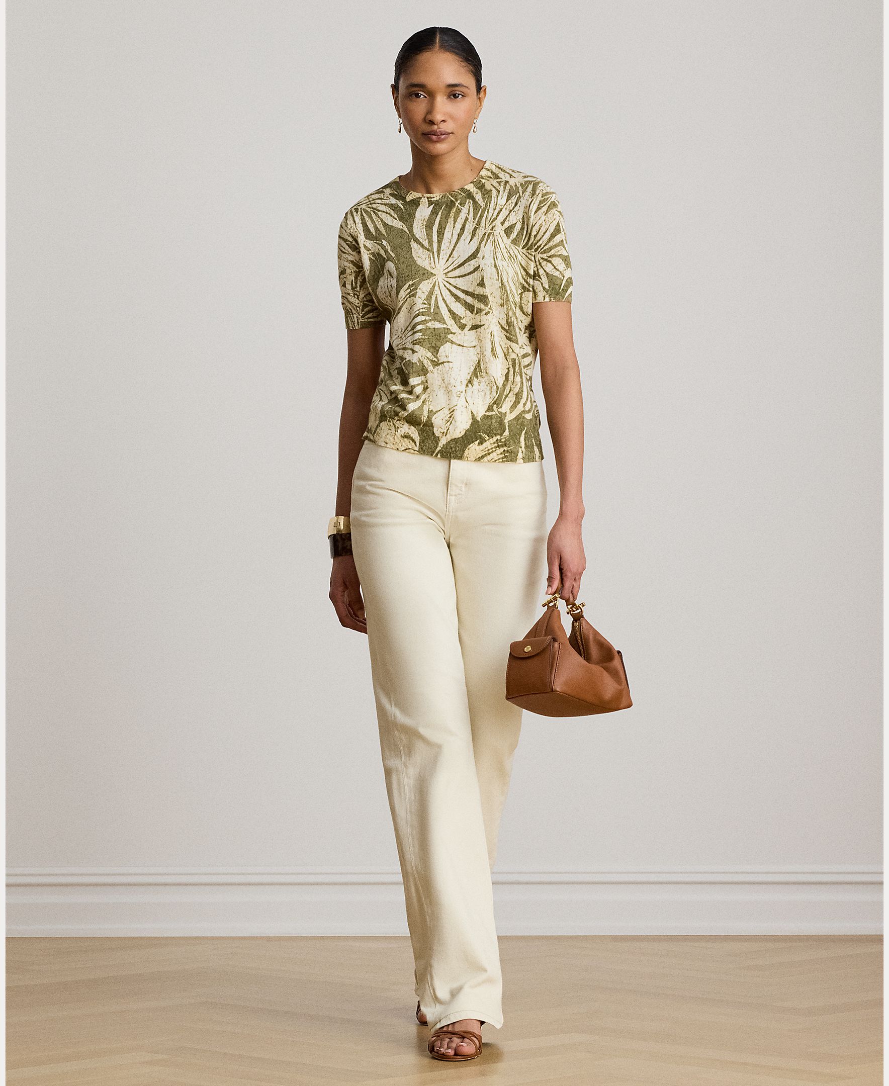 Camisola de Malha Floral em Mistura de Linho e Algodão Verde-claro-10