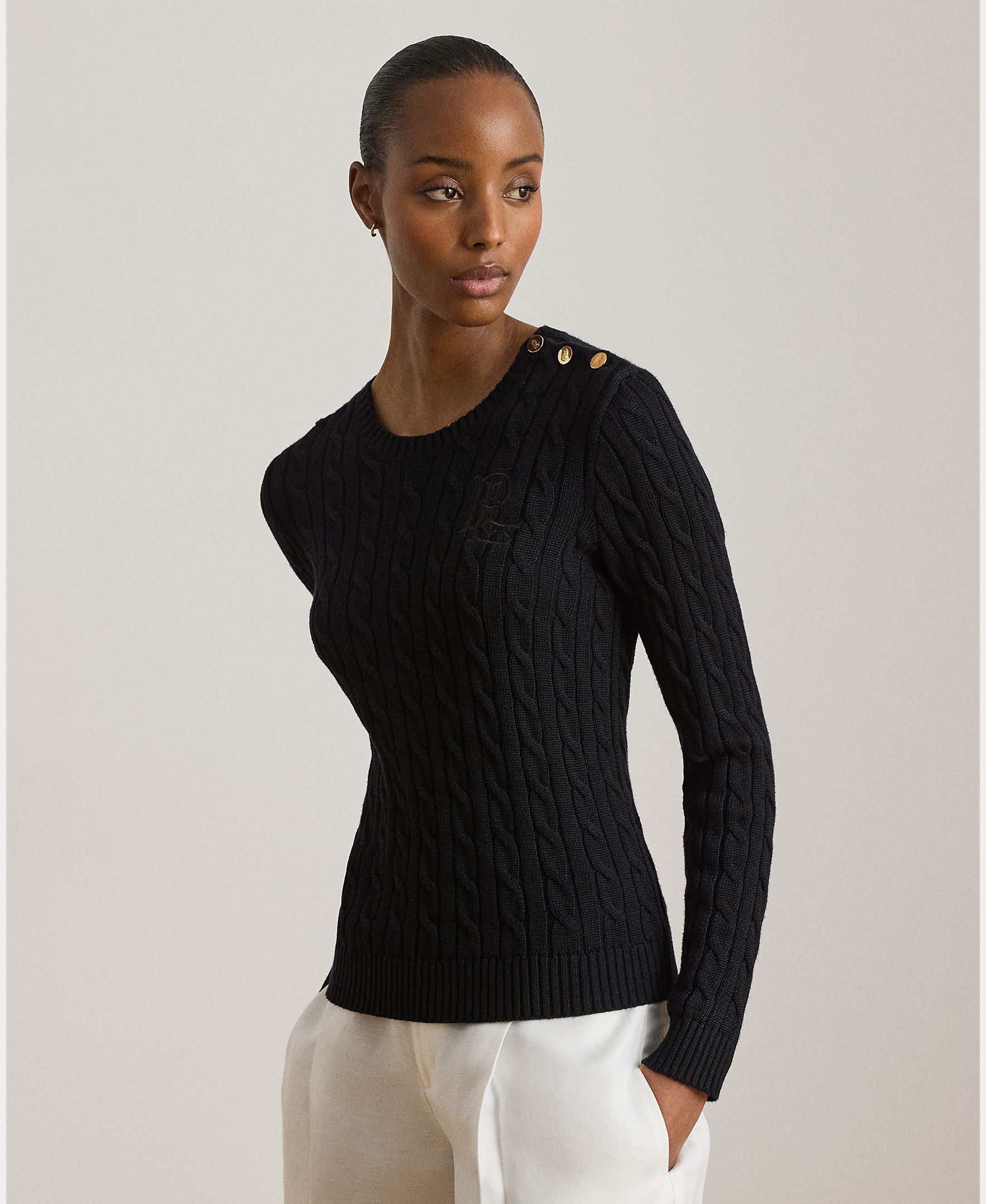 Jersey de mujer de algodón con ribete de botones - Lauren Ralph Lauren - Negro Negro-1