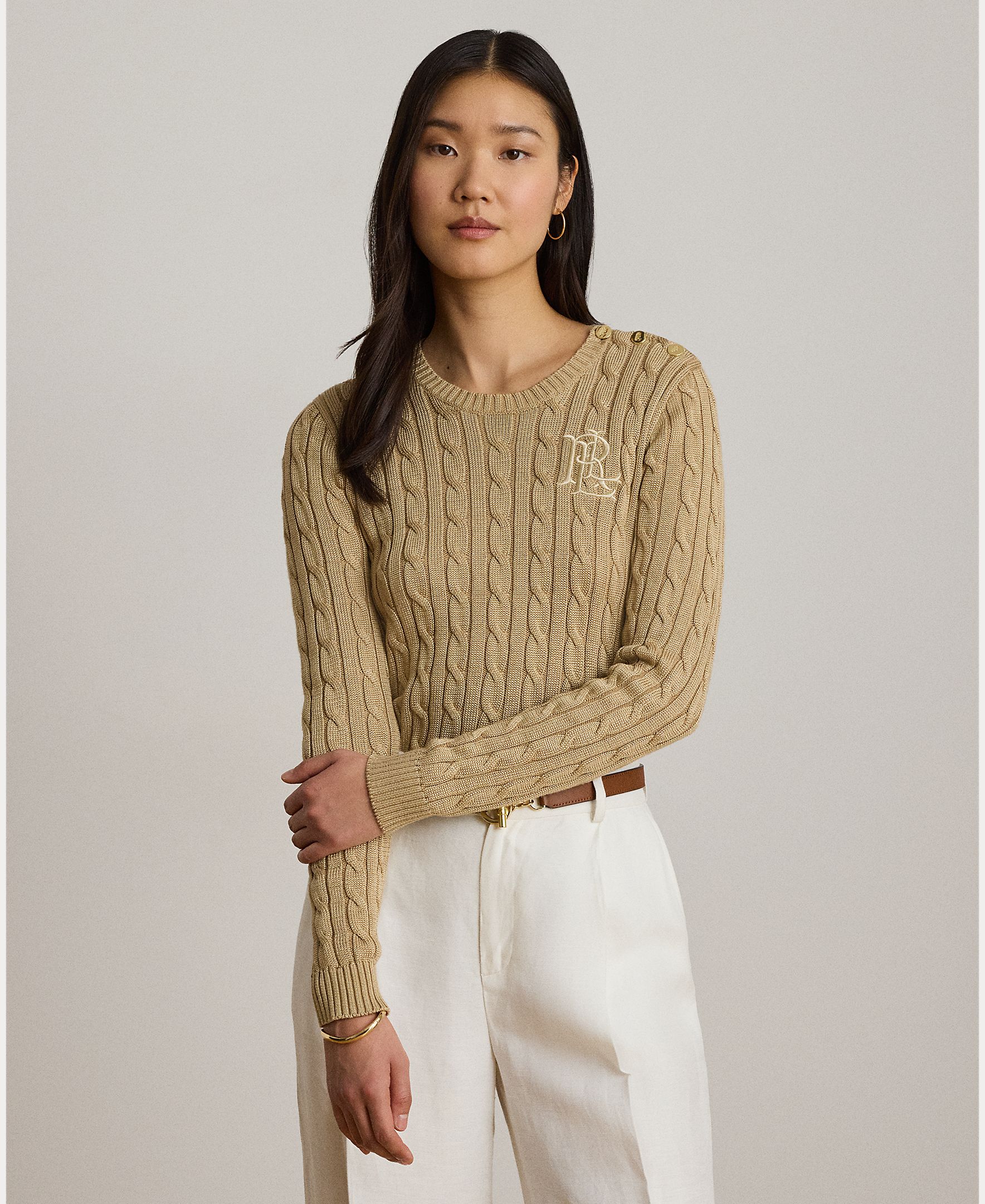 Jersey de mujer de algodón con ribete de botones - Lauren Ralph Lauren - Beige Beige-1