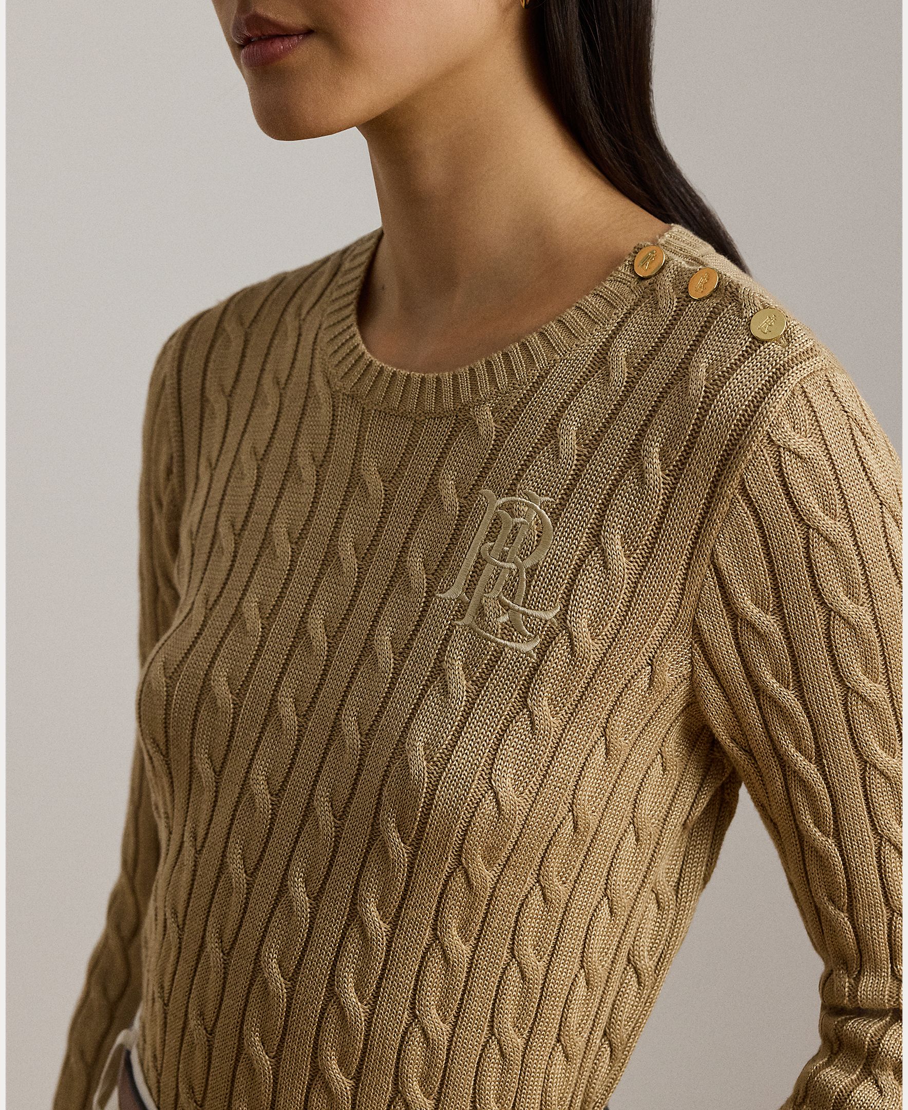 Jersey de mujer de algodón con ribete de botones - Lauren Ralph Lauren - Beige Beige-4