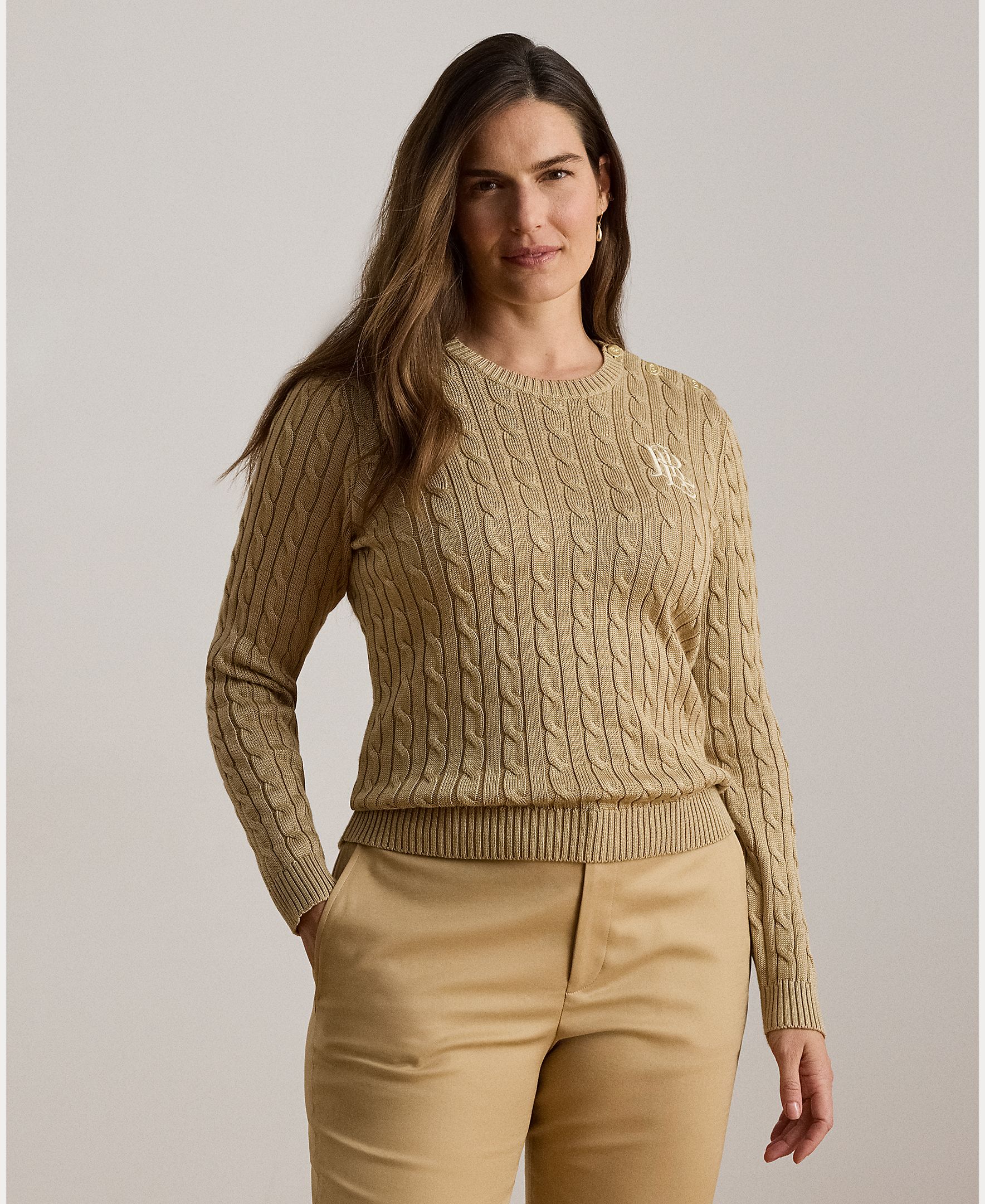 Jersey de mujer de algodón con ribete de botones - Lauren Ralph Lauren - Beige Beige-6