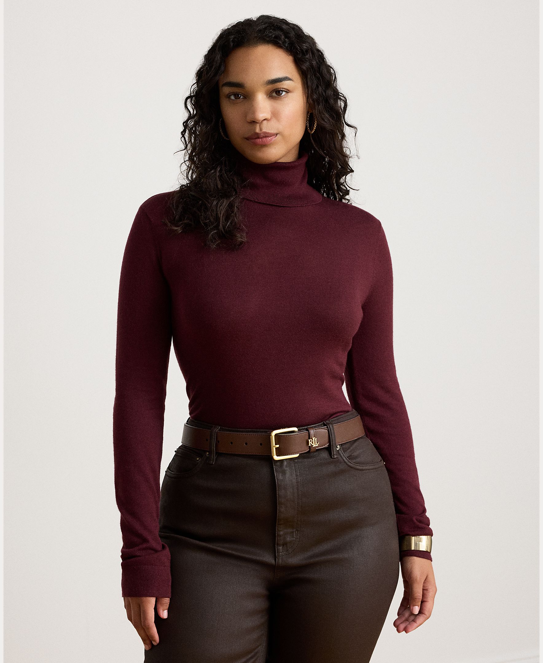 Camisola de Malha em Mistura de Seda com Gola Dobrada Grená-6