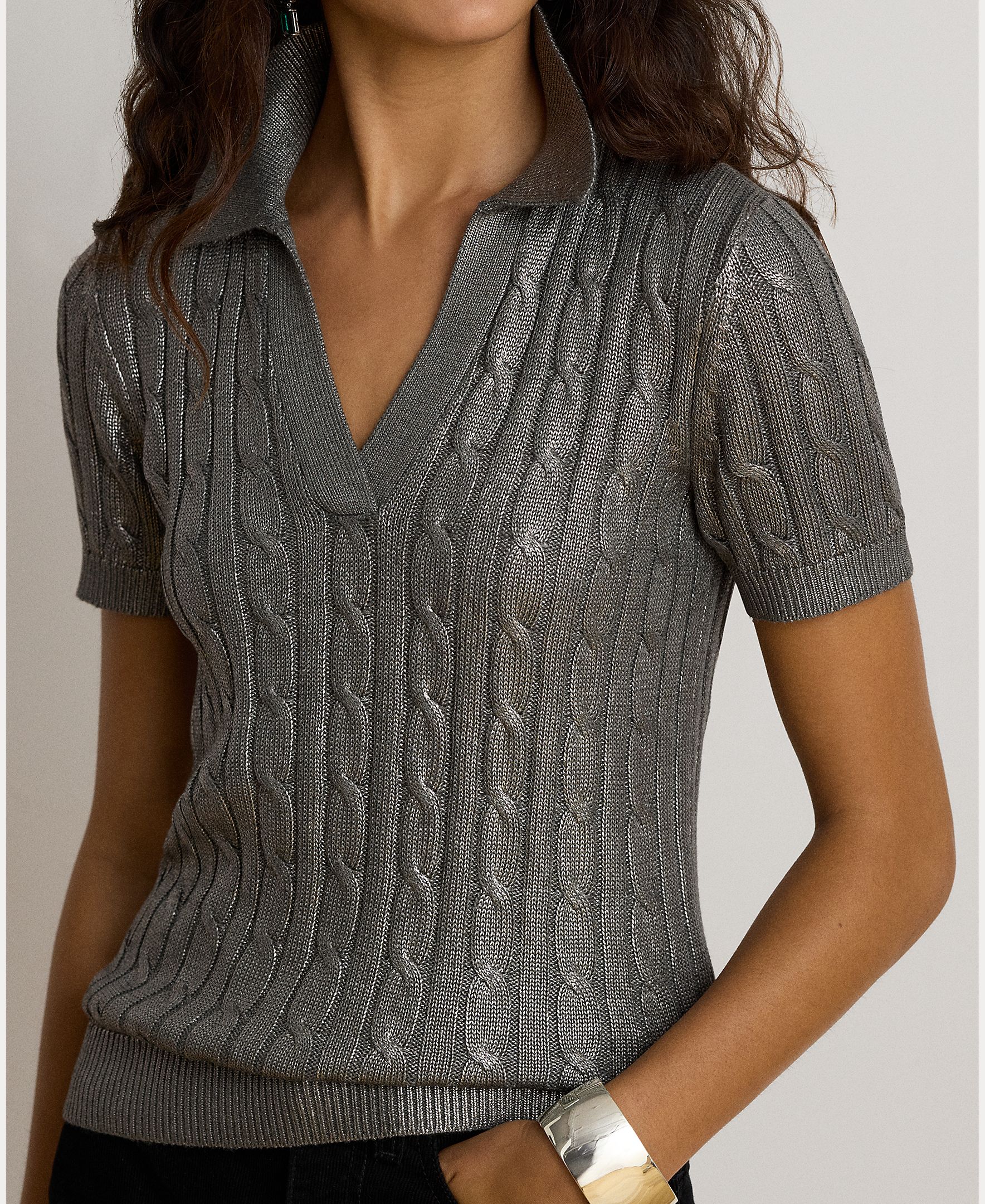 Camisola de Malha Tipo Polo Metalizado Prata-4
