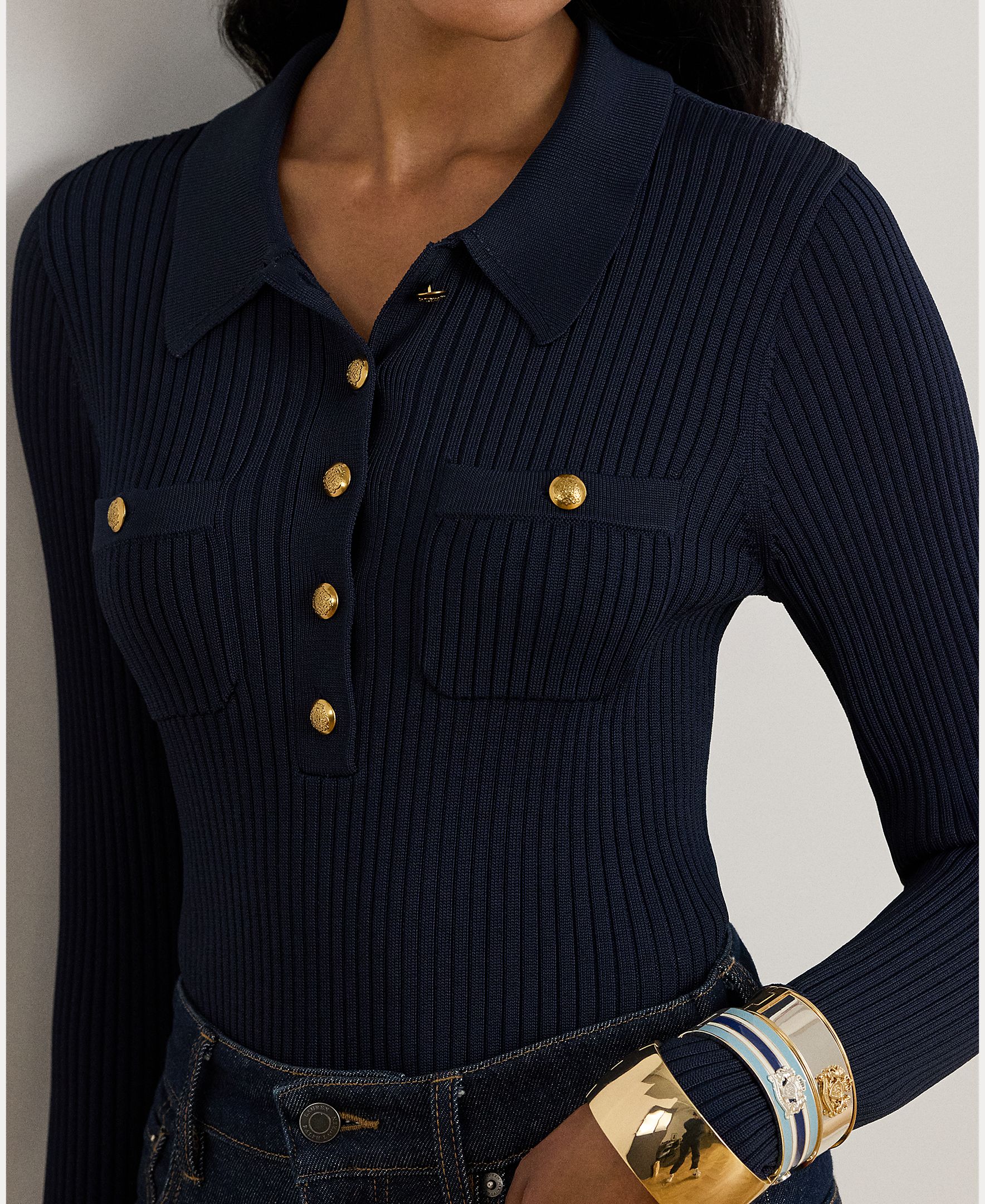 Camisola de Malha Tipo Polo Canelado com Manga Comprida Azul-marinho-4