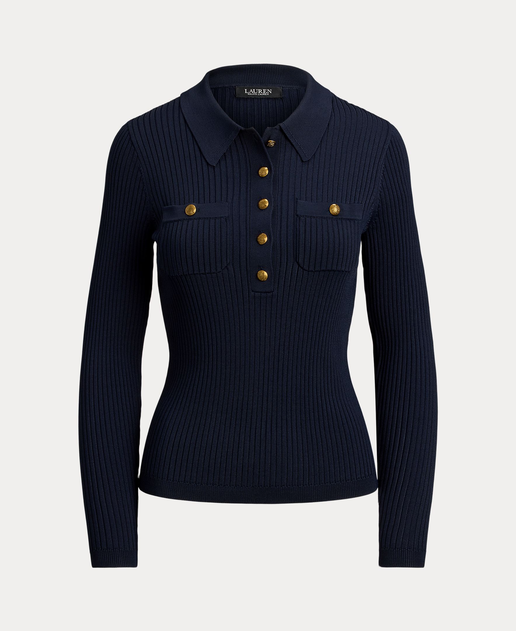 Camisola de Malha Tipo Polo Canelado com Manga Comprida Azul-marinho-5