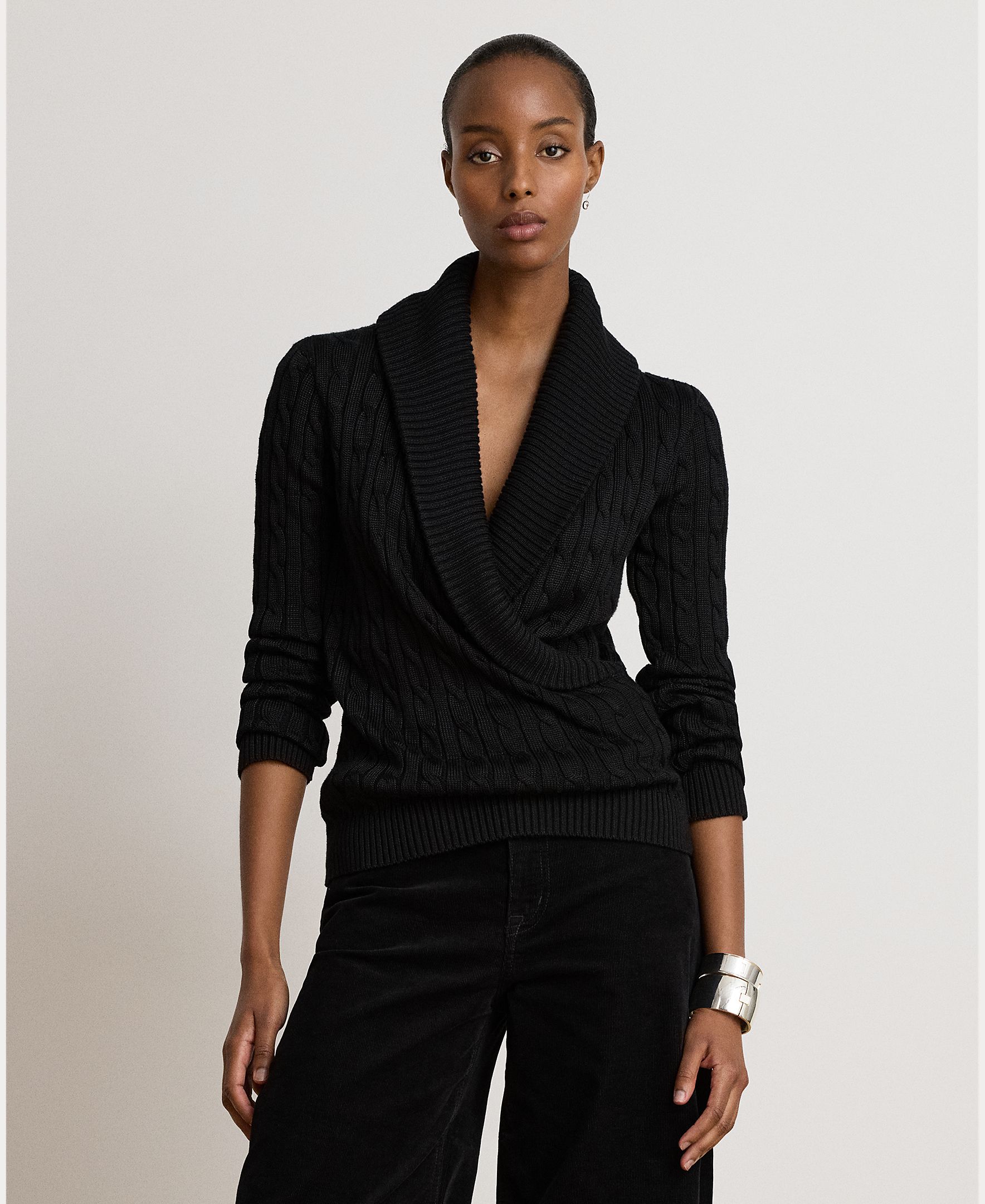 Camisola de Malha de Algodão com Decote Cruzado Preto-3