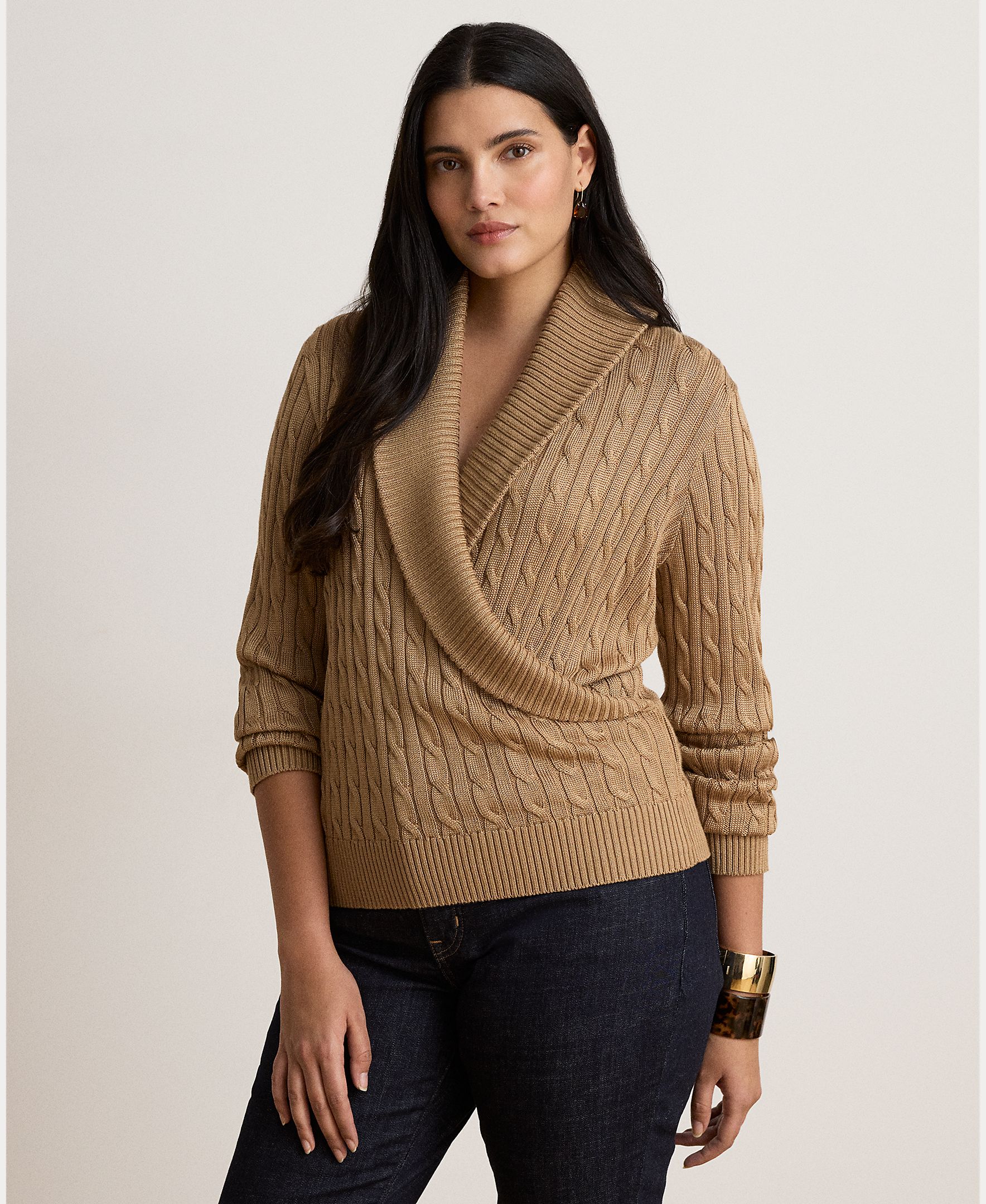 Camisola de Malha de Algodão com Decote Cruzado, Disponível em Tamanhos Grandes Castanho-claro-6