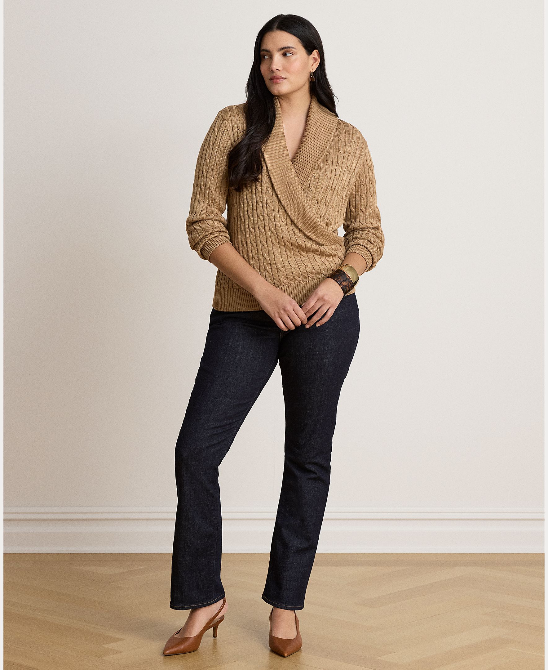 Camisola de Malha de Algodão com Decote Cruzado, Disponível em Tamanhos Grandes Castanho-claro-8