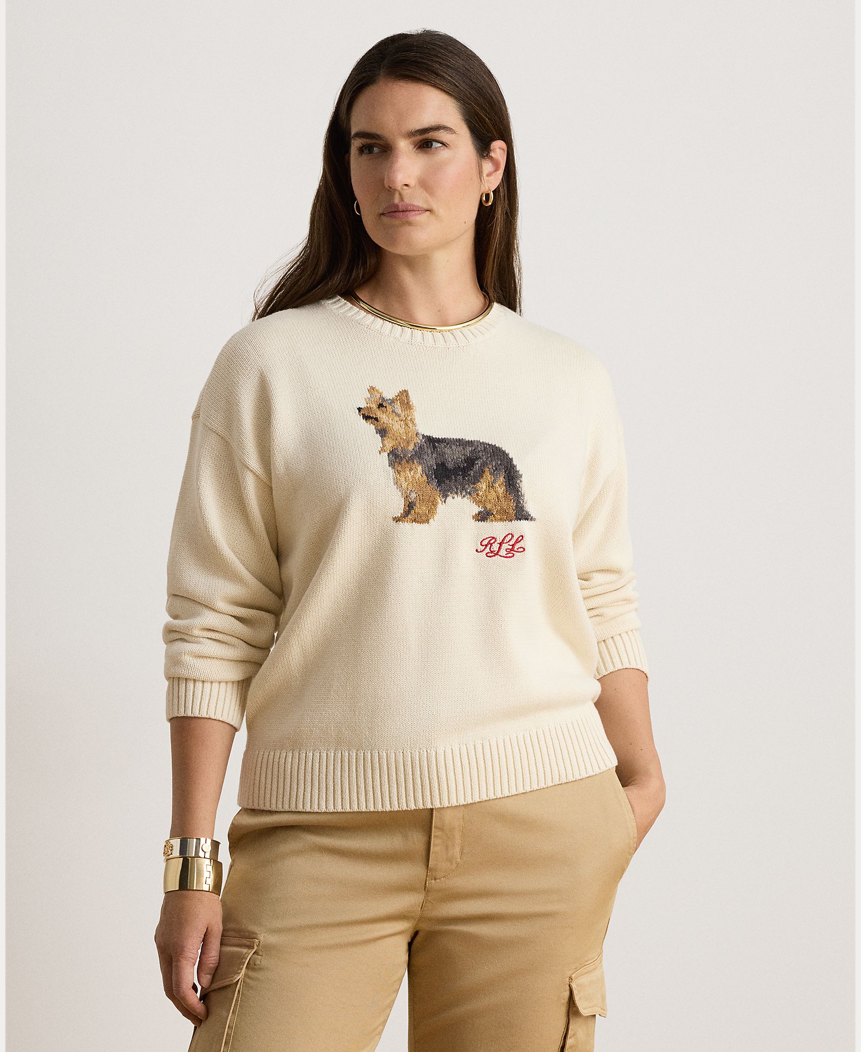 Camisola de Malha de Algodão com Cão em Tecido, Disponível em Tamanhos Grandes Creme-5