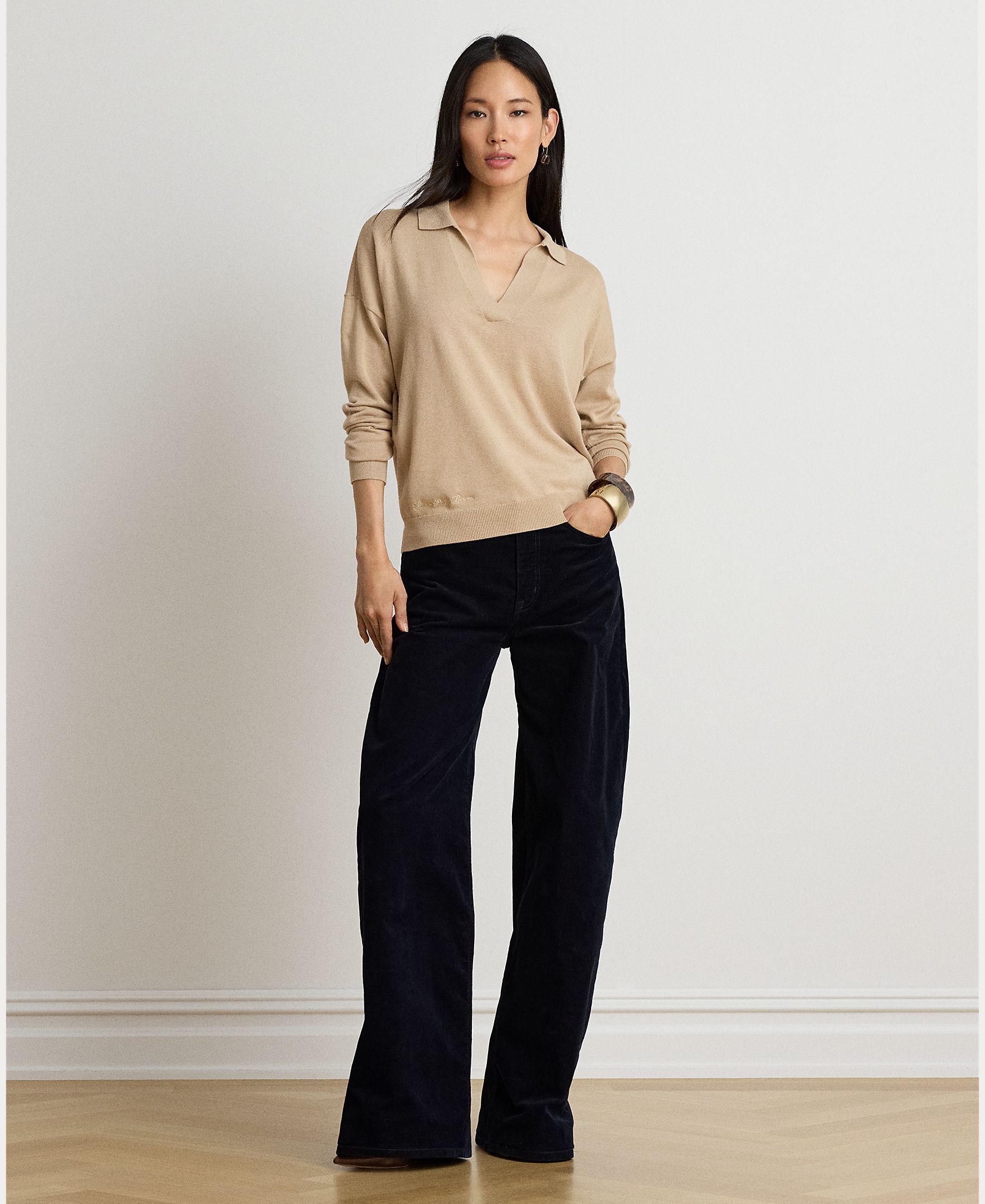 Camisola de Malha Tipo Polo de Algodão e Modal Bege-5