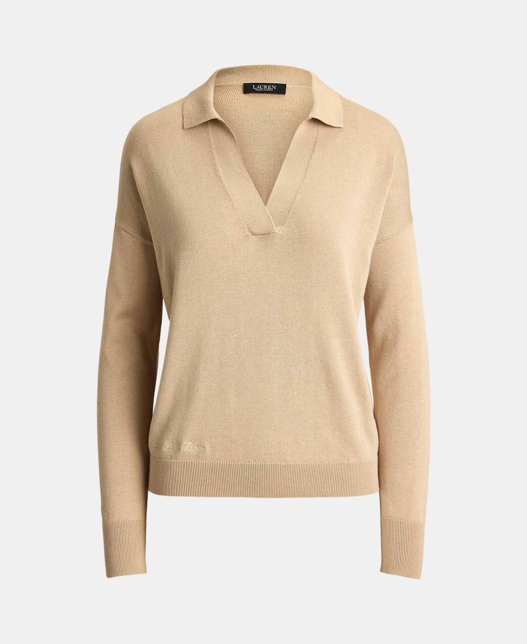 Camisola de Malha Tipo Polo de Algodão e Modal Bege-9