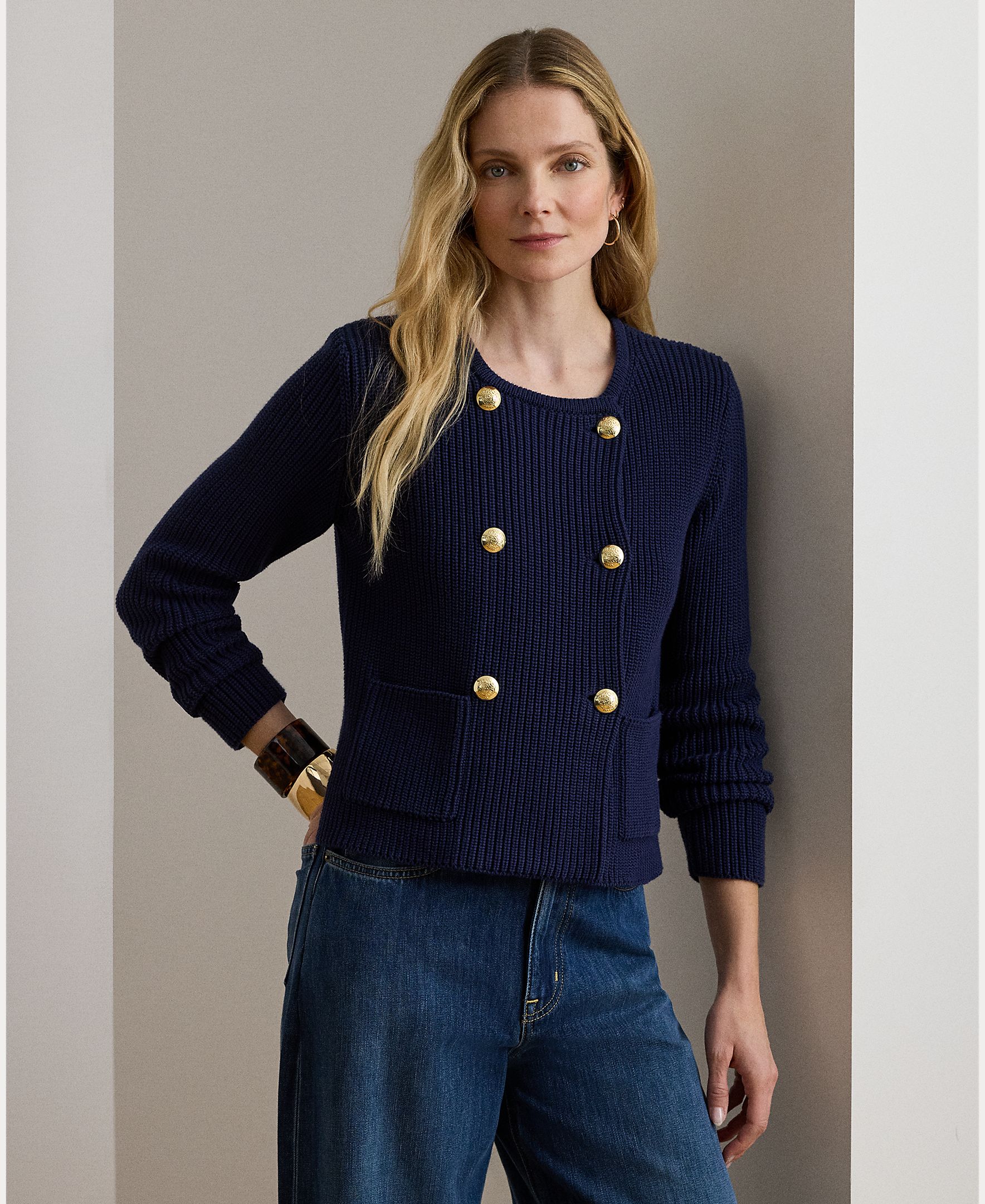 Cardigan com Botões e em Algodão Azul-marinho-1