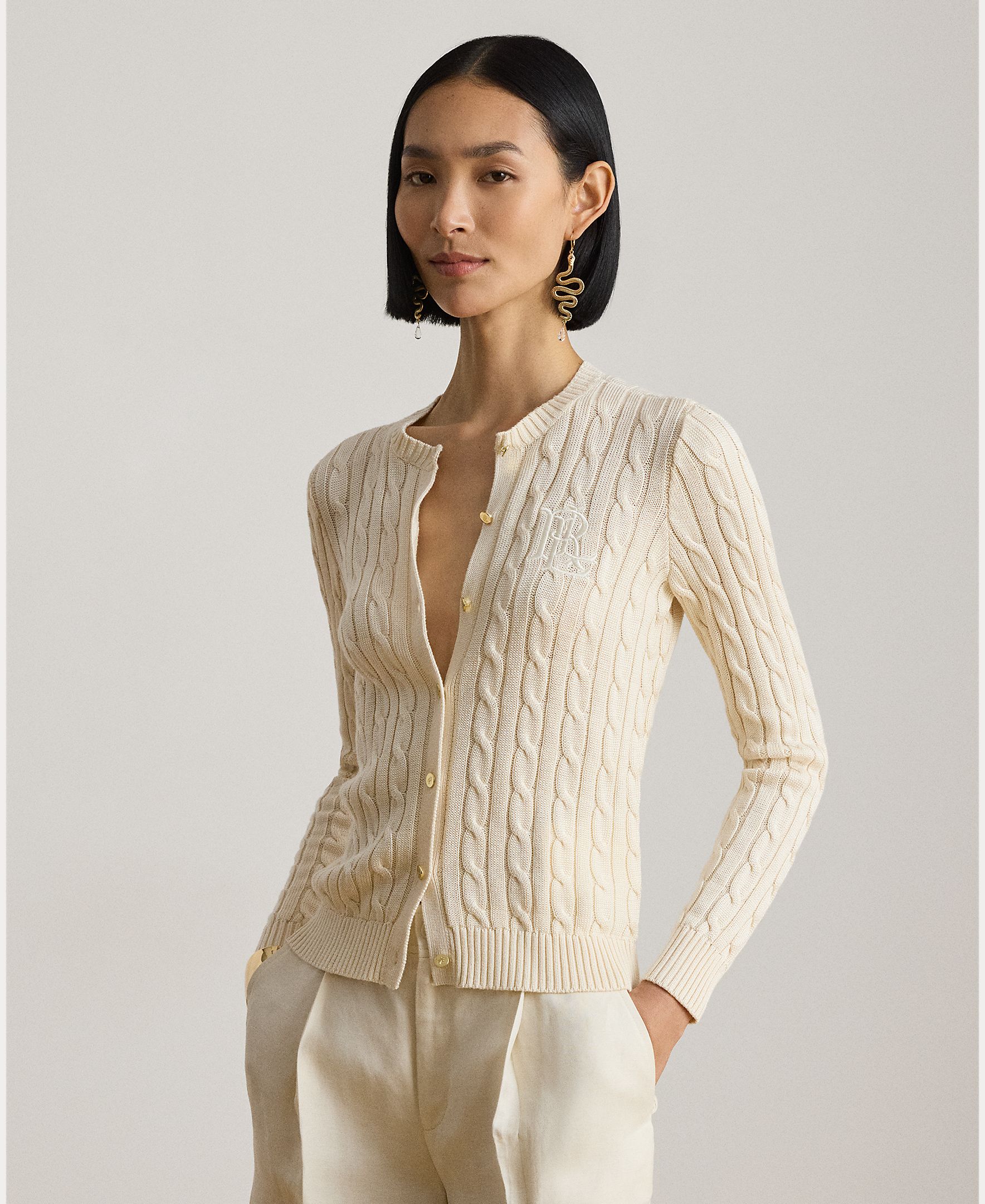 Cárdigan de mujer de algodón en punto de ochos - Lauren Ralph Lauren - Crema Crema-1