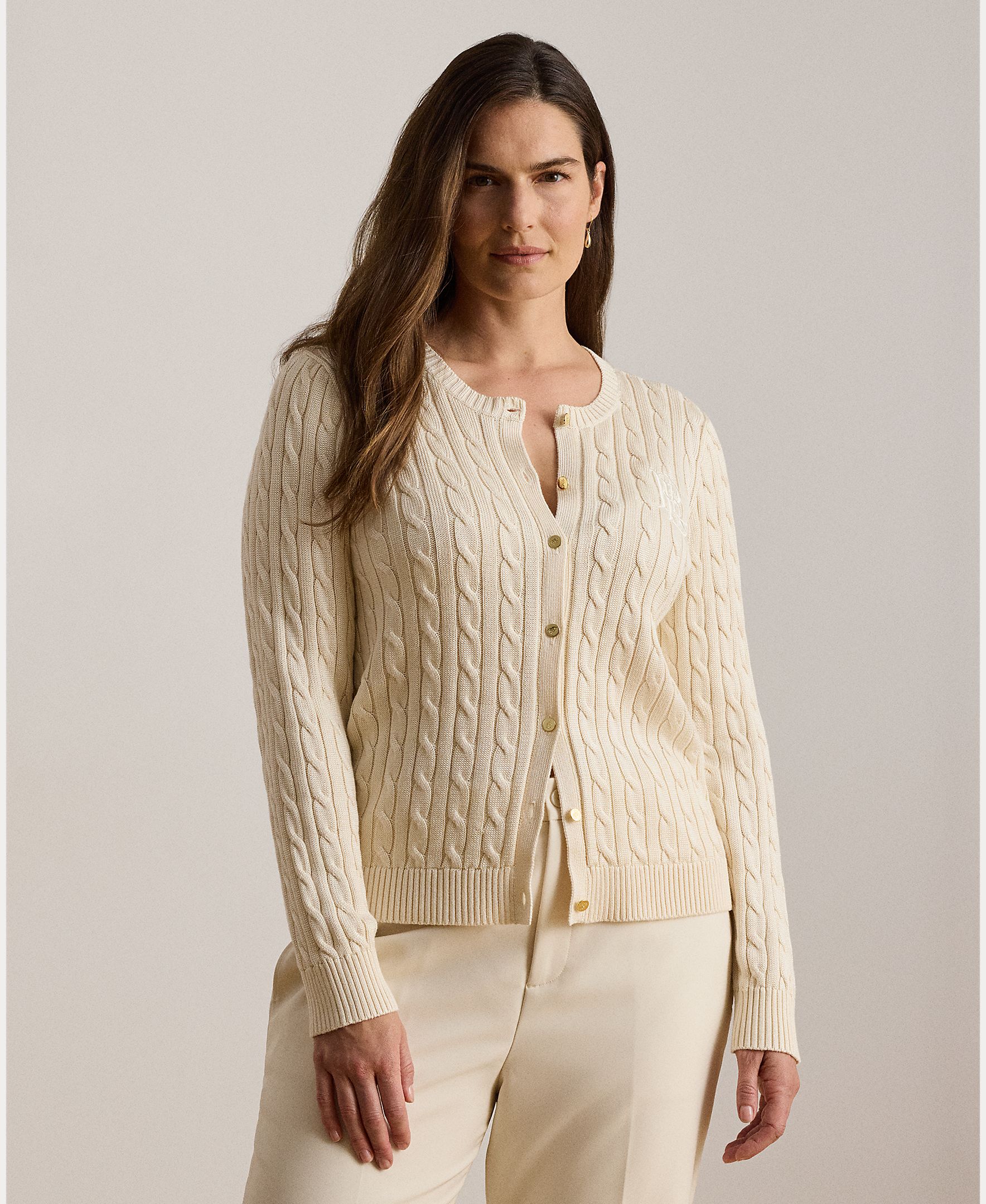 Cárdigan de mujer de algodón en punto de ochos - Lauren Ralph Lauren - Crema Crema-5