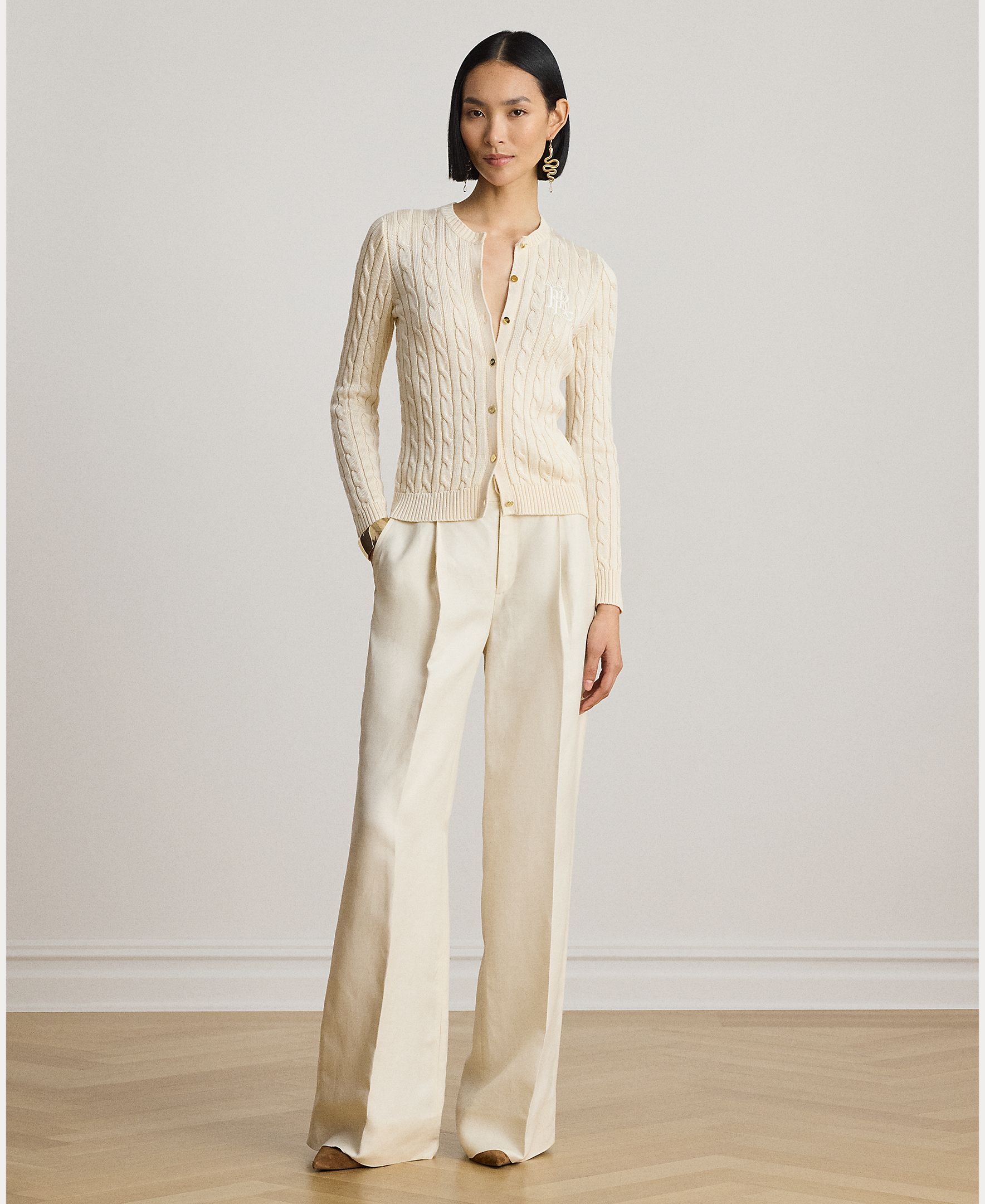 Cárdigan de mujer de algodón en punto de ochos - Lauren Ralph Lauren - Crema Crema-9