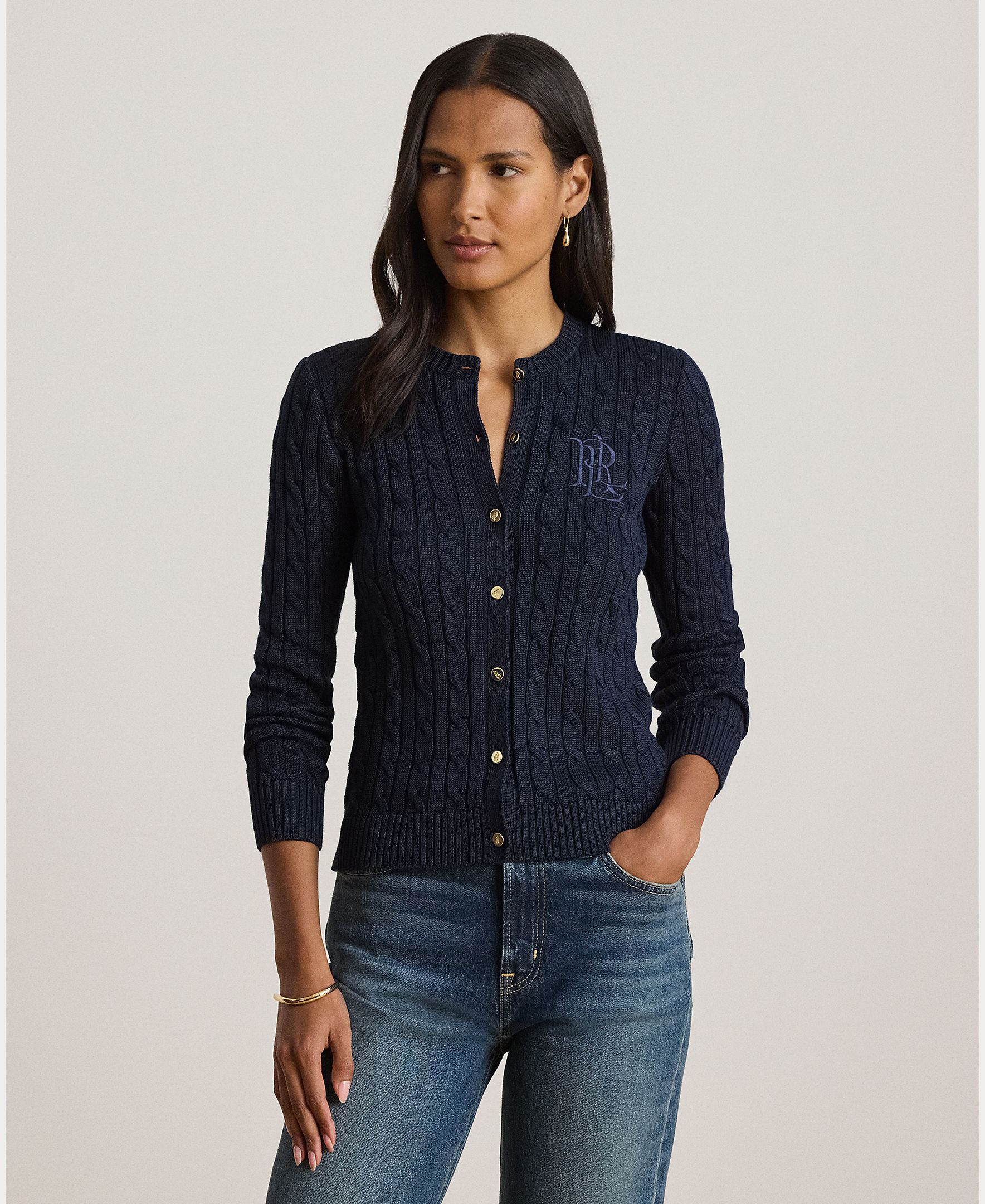 Cárdigan de mujer de algodón en punto de ochos - Lauren Ralph Lauren - Azul marino Azul marino-1