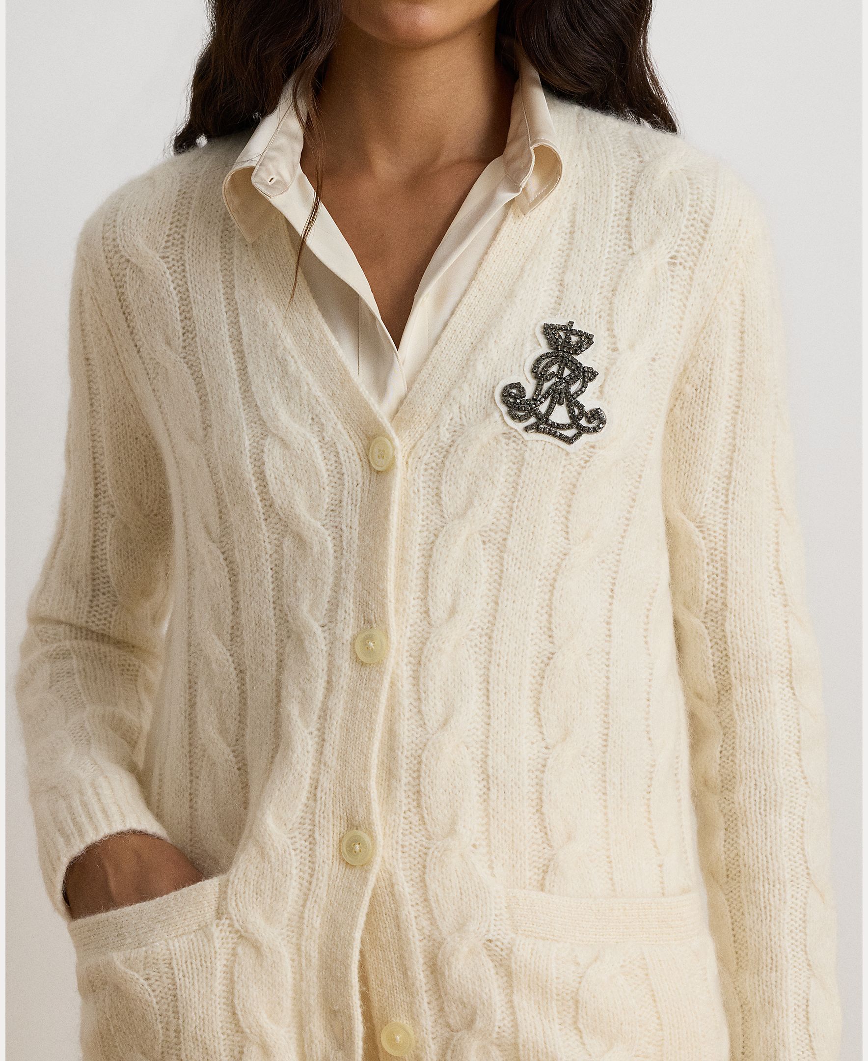 Cardigan de Malha do Cabo com Escudo Creme-4