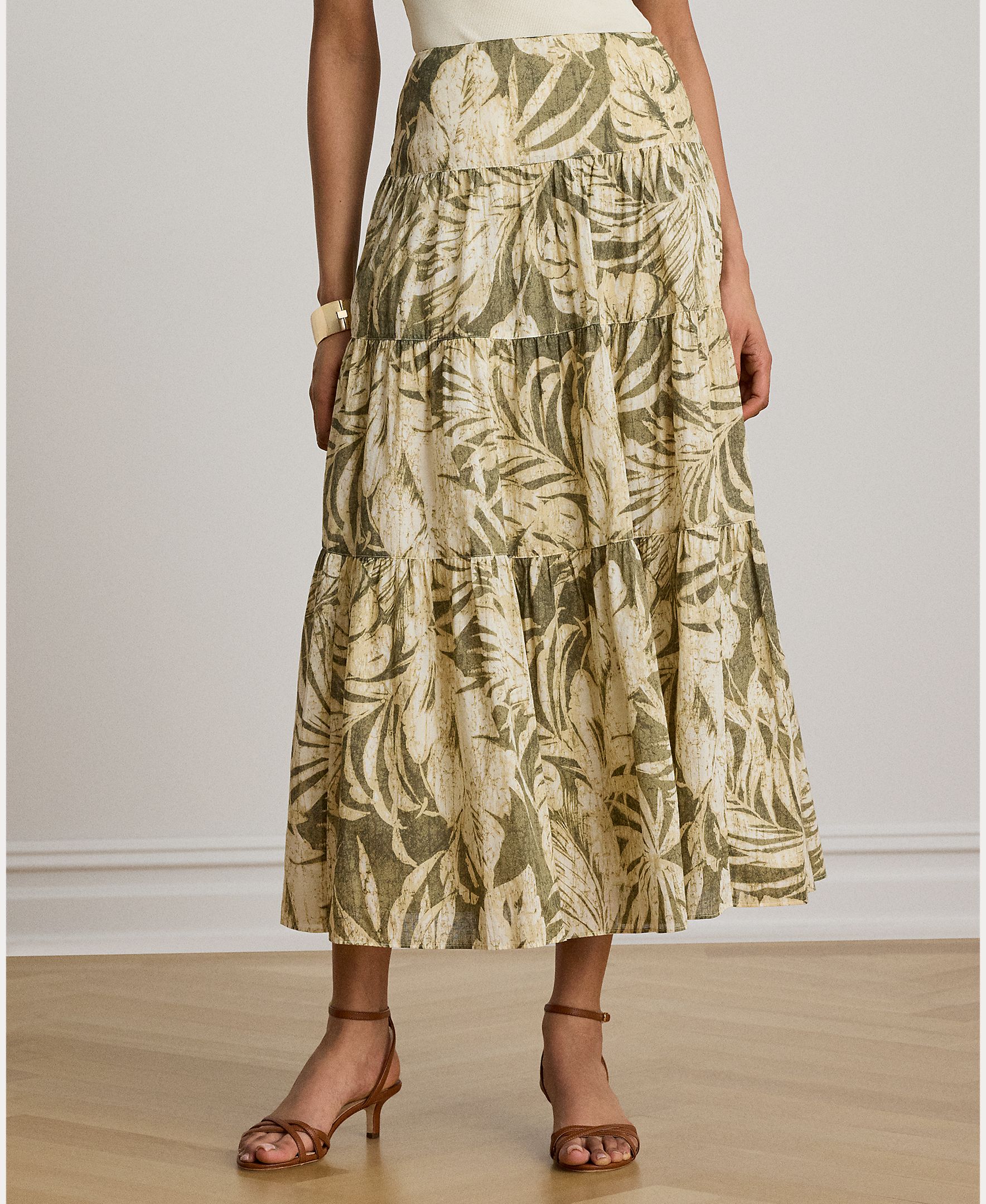 Saia Comprida de Algodão com Estampado Floral Caqui-3