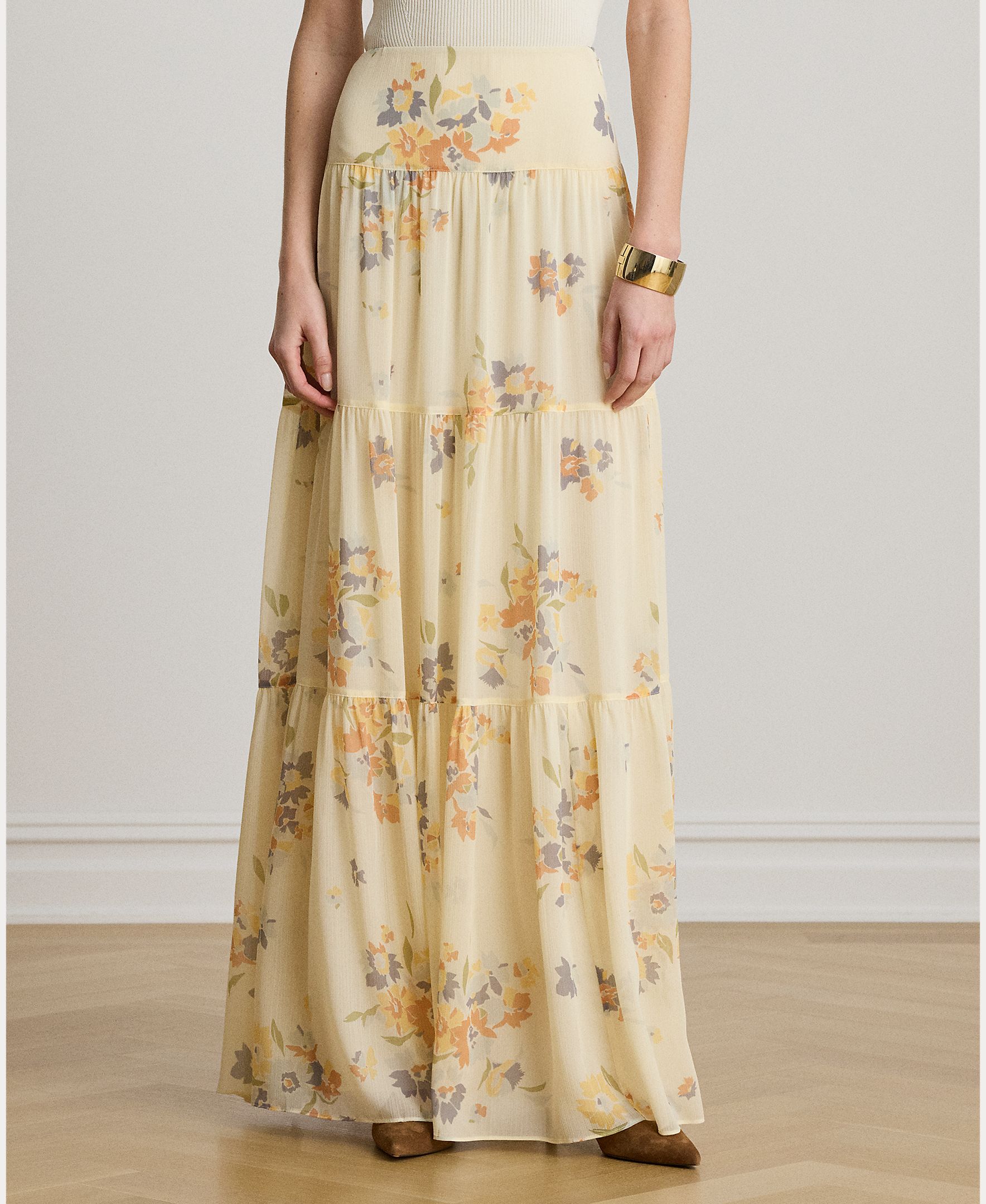 Saia Evasê Comprida com Estampado Floral Creme-3