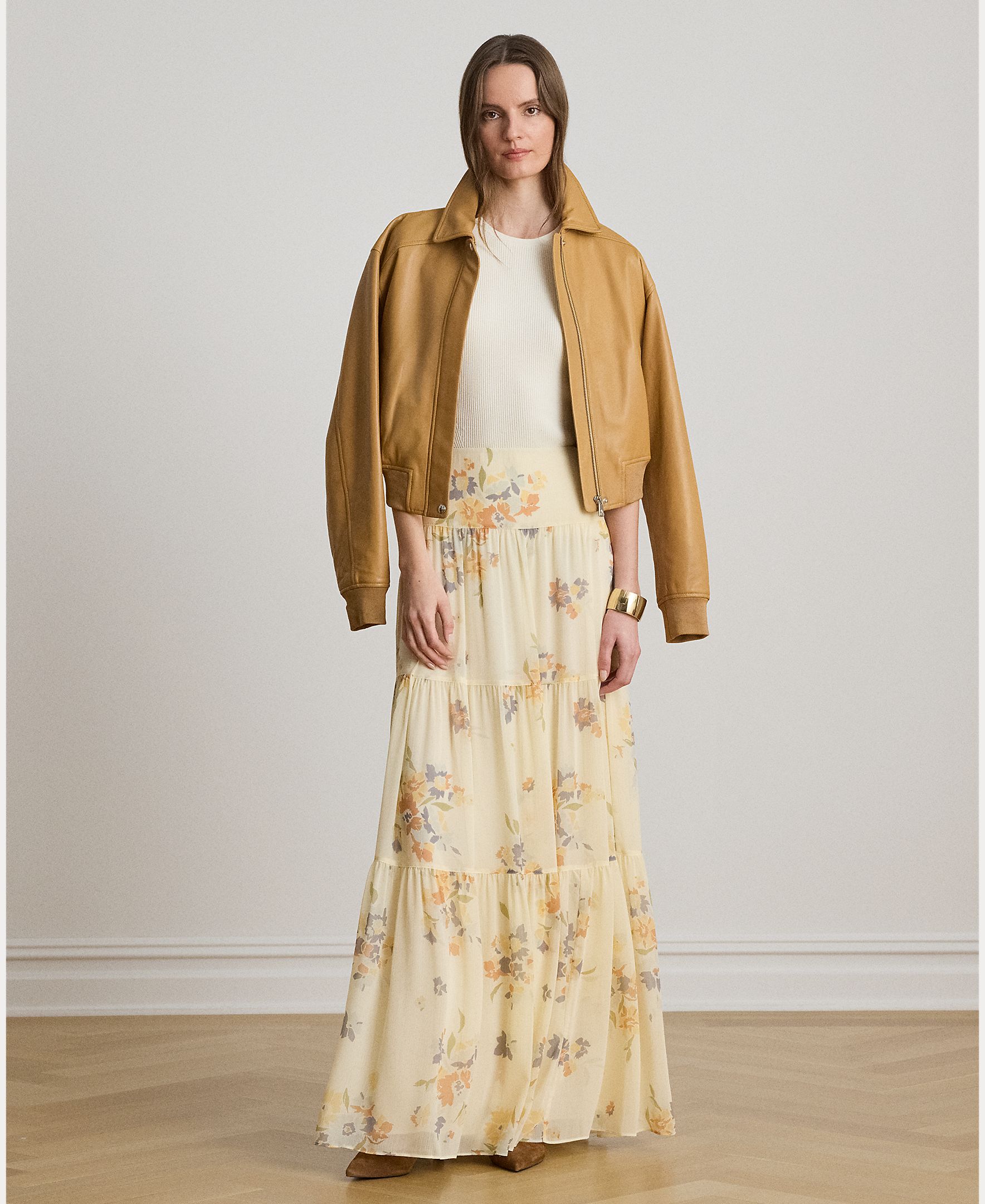 Saia Evasê Comprida com Estampado Floral Creme-6