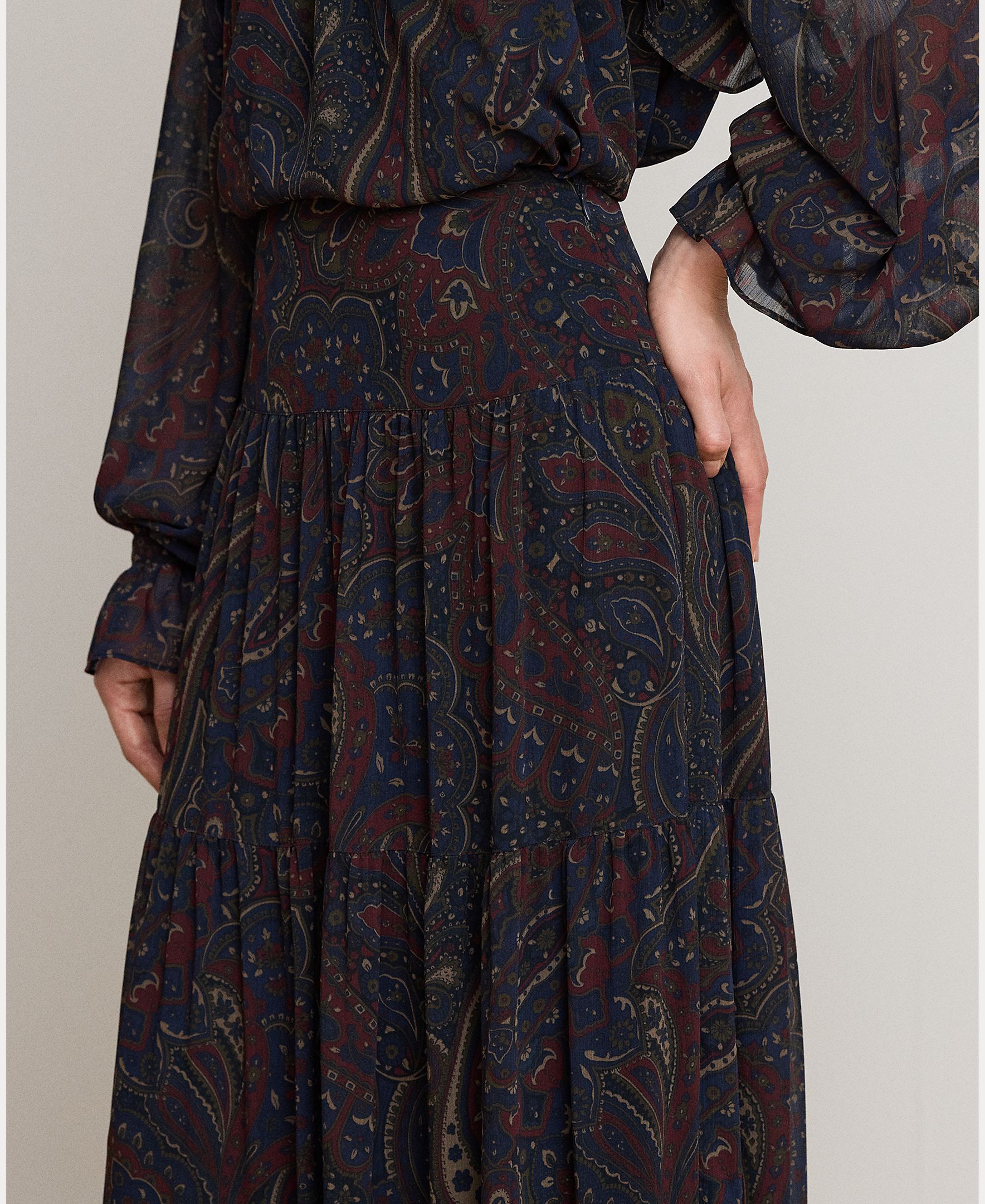Saia Comprida Evasê com Estampado Paisley Azul-marinho-5
