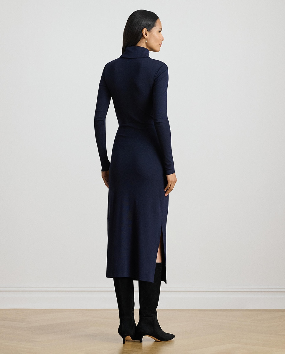 Vestido Midi de Gola Alta com Nó Azul-marinho-3