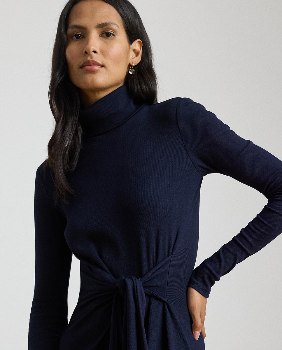 Vestido Midi de Gola Alta com Nó Azul-marinho-5