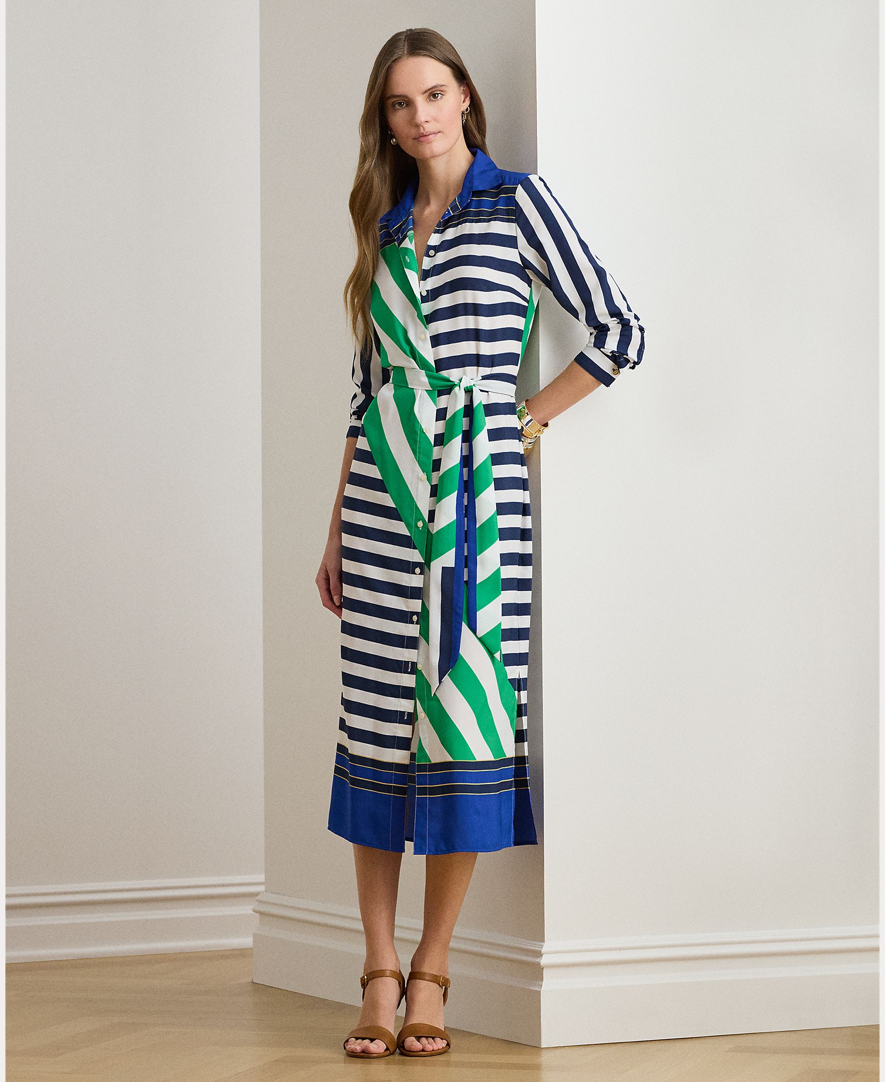 Vestido camiseiro midi com estampado Azul-1