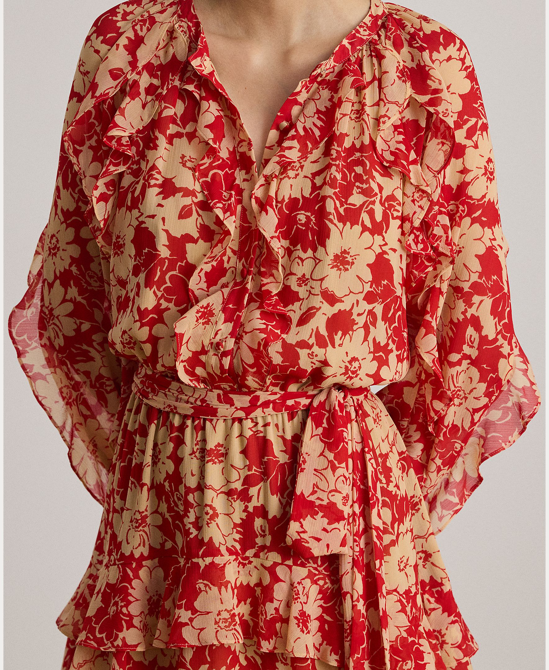 Vestido curto de manga comprida com estampado Vermelho-5