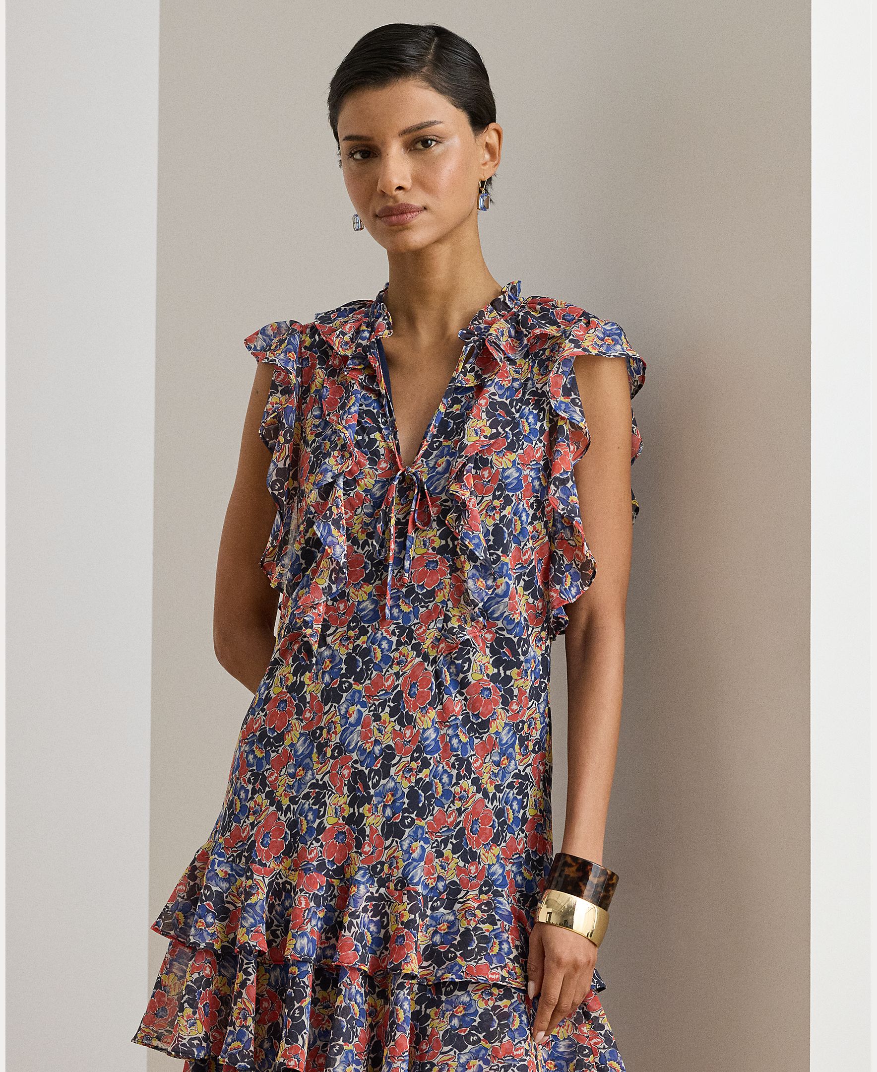 Vestido Curto com Folhos e Estampado Multicolor-3