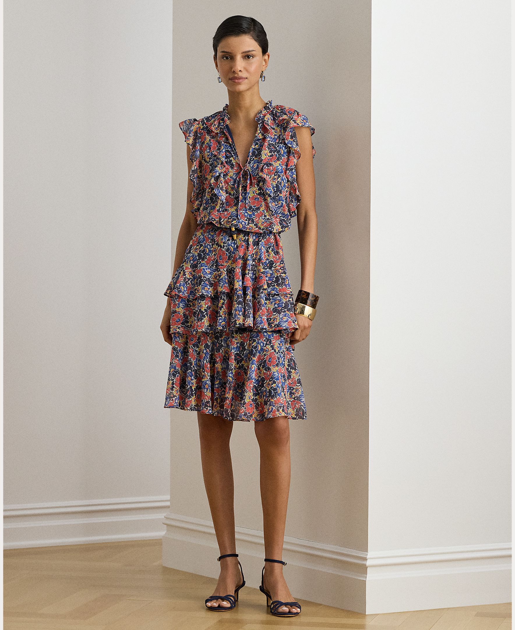 Vestido Curto com Folhos e Estampado Multicolor-4