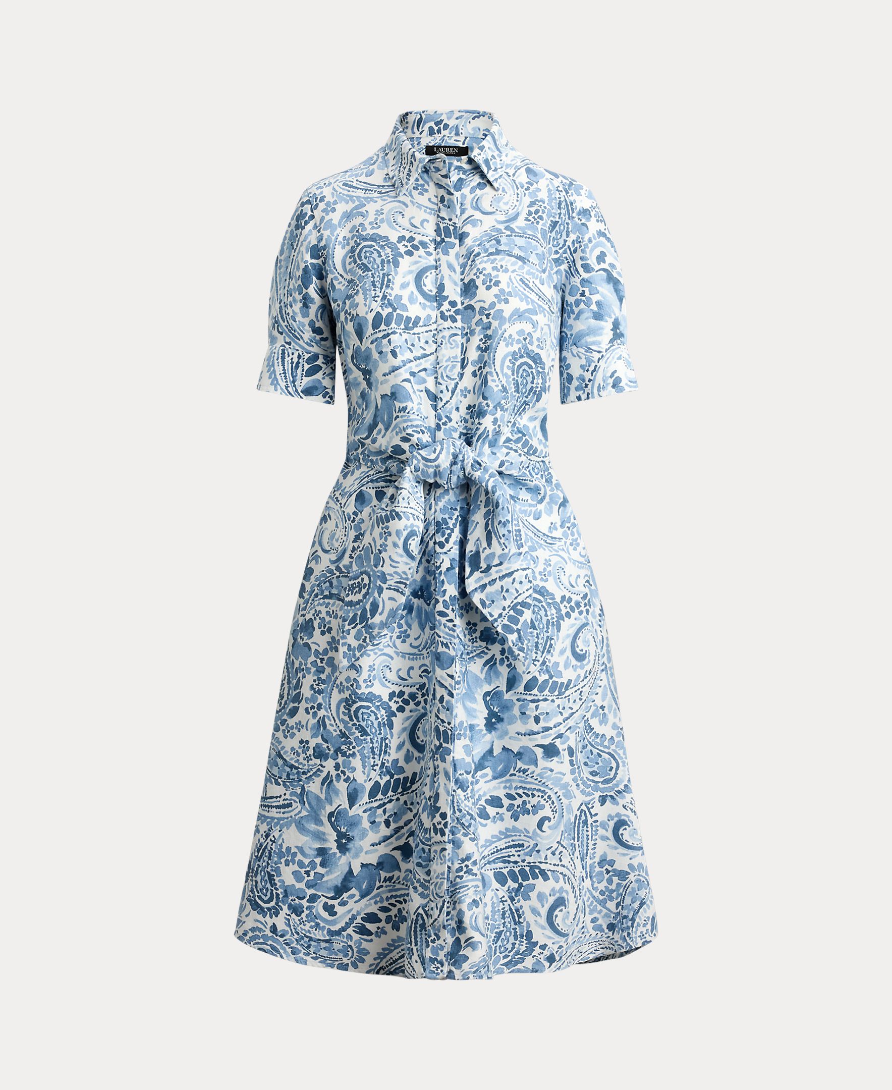 Vestido Tipo Camiseiro Midi Atado com Manga Curta Azul / Branco-4