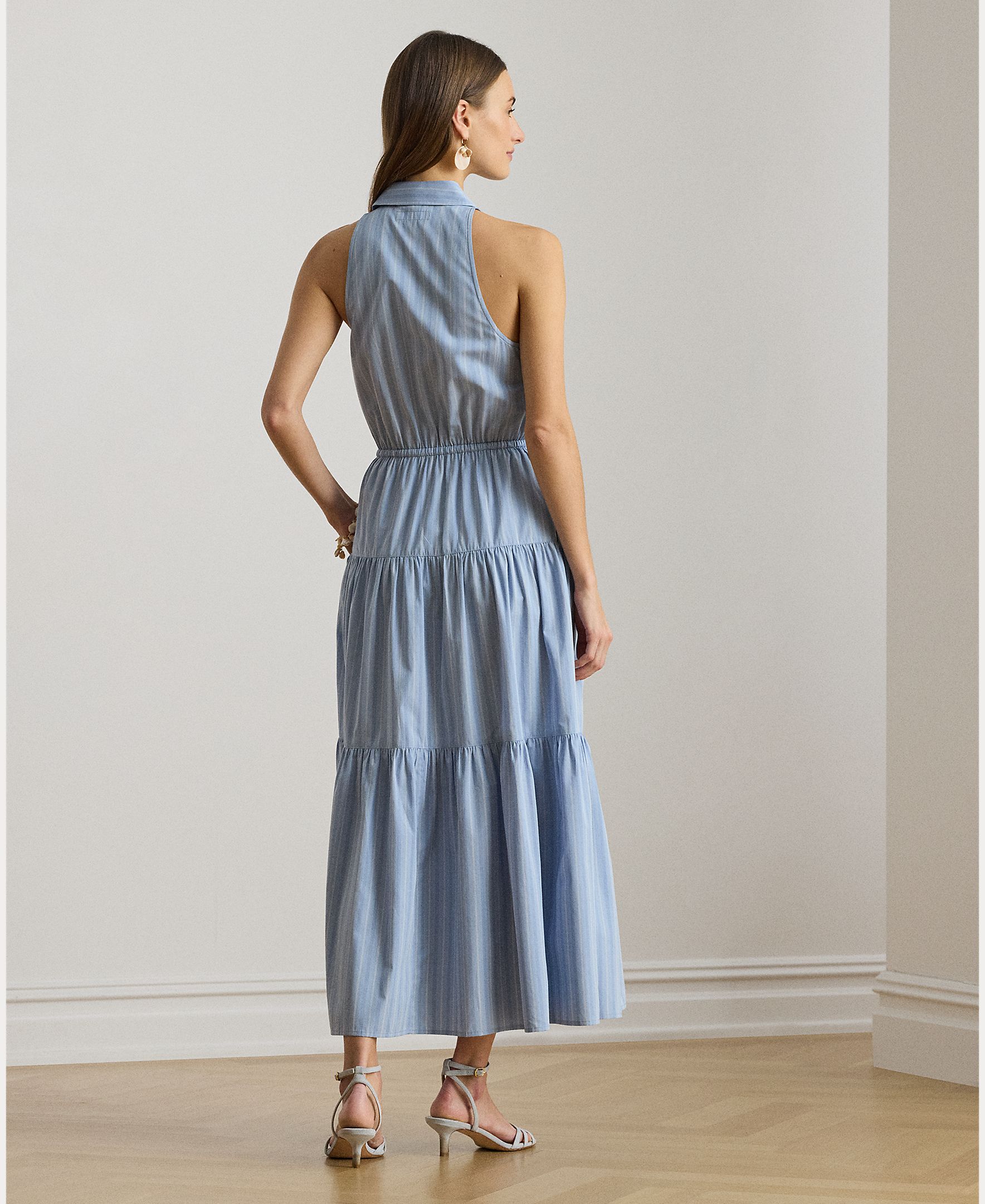 Vestido Midi sem Mangas com Saia Evasê Azul / Branco-2