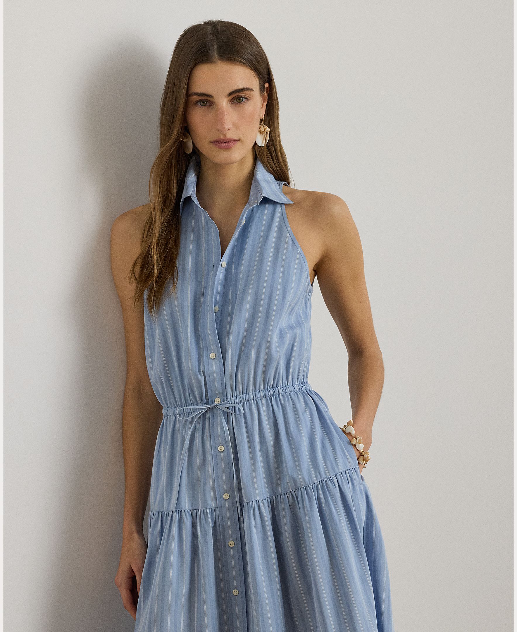 Vestido Midi sem Mangas com Saia Evasê Azul / Branco-3