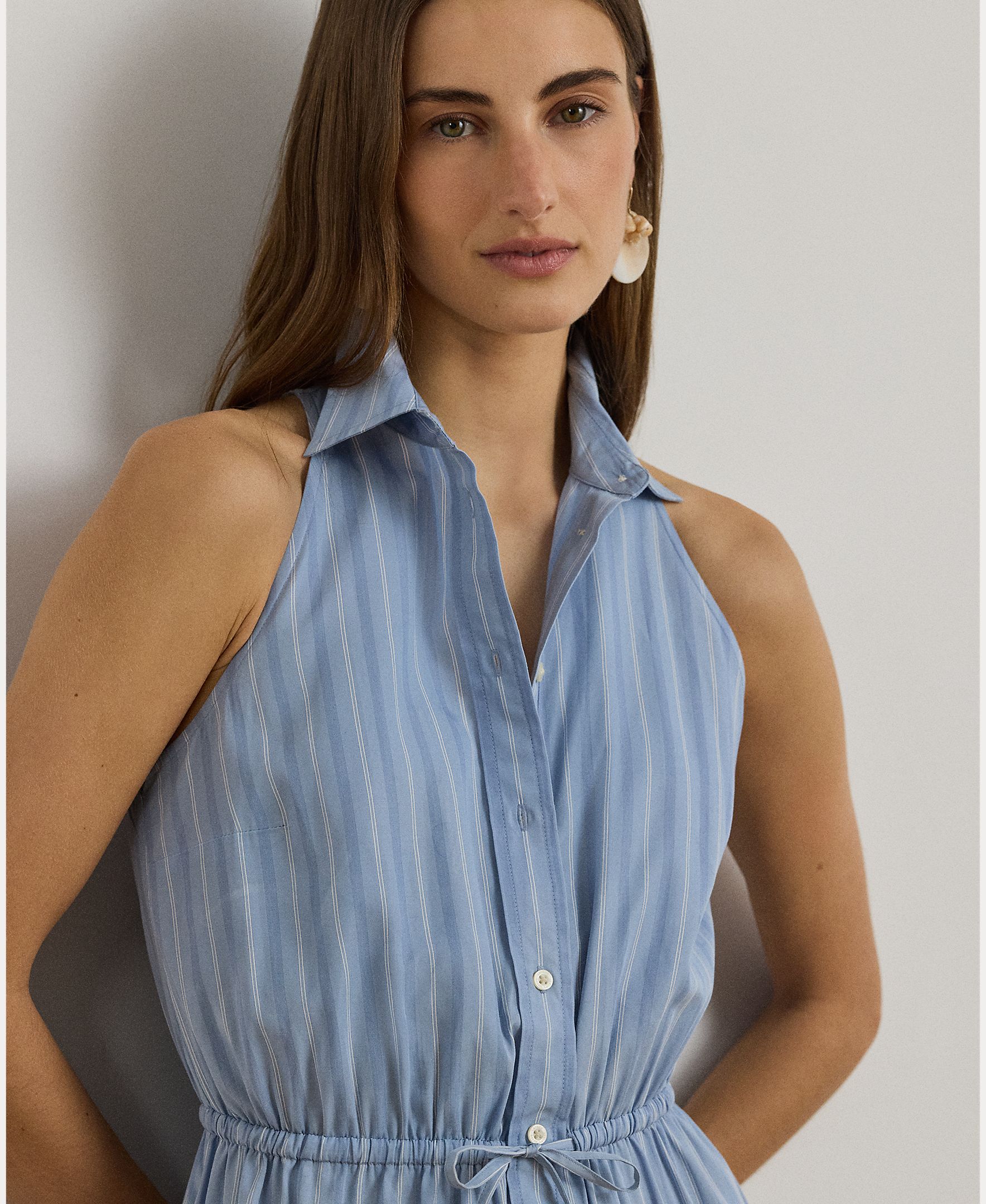 Vestido Midi sem Mangas com Saia Evasê Azul / Branco-4